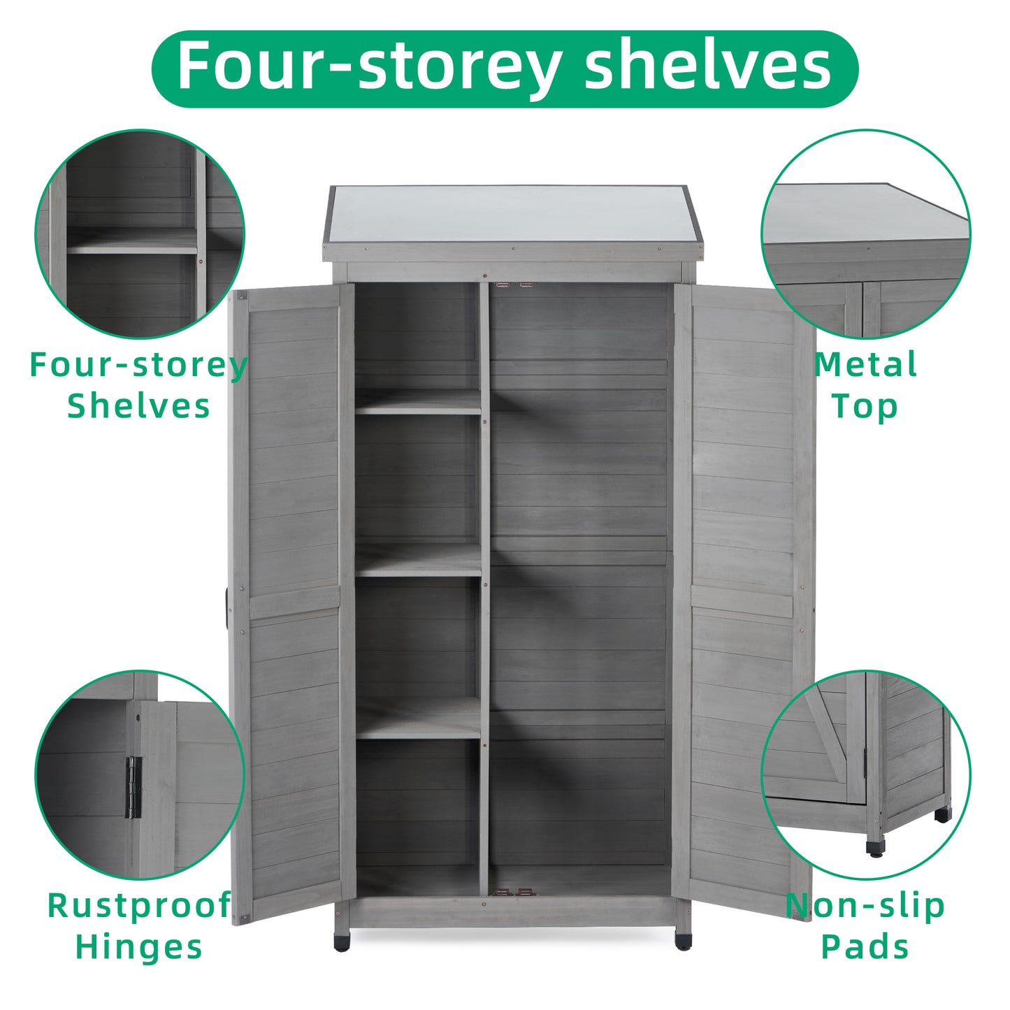 Gray wooden storage cabinet with four shelves and metal top