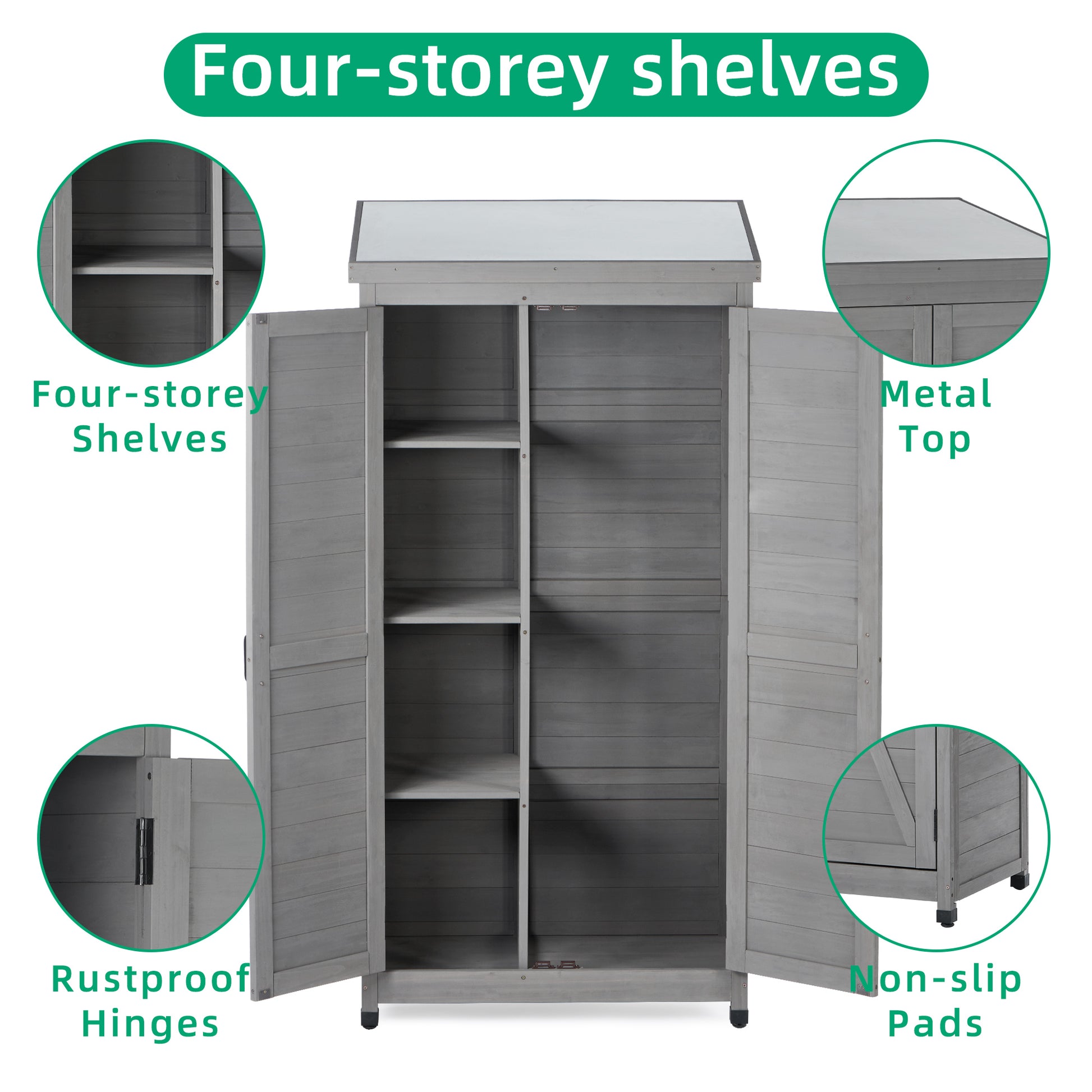 Gray wooden storage cabinet with four shelves and metal top