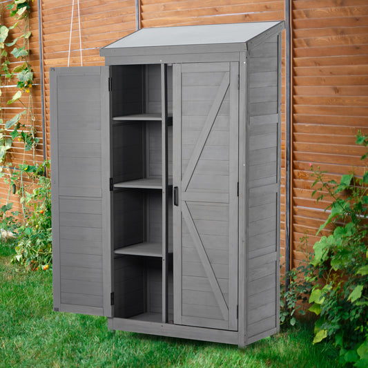 Gray wooden garden storage cabinet with open doors and shelves