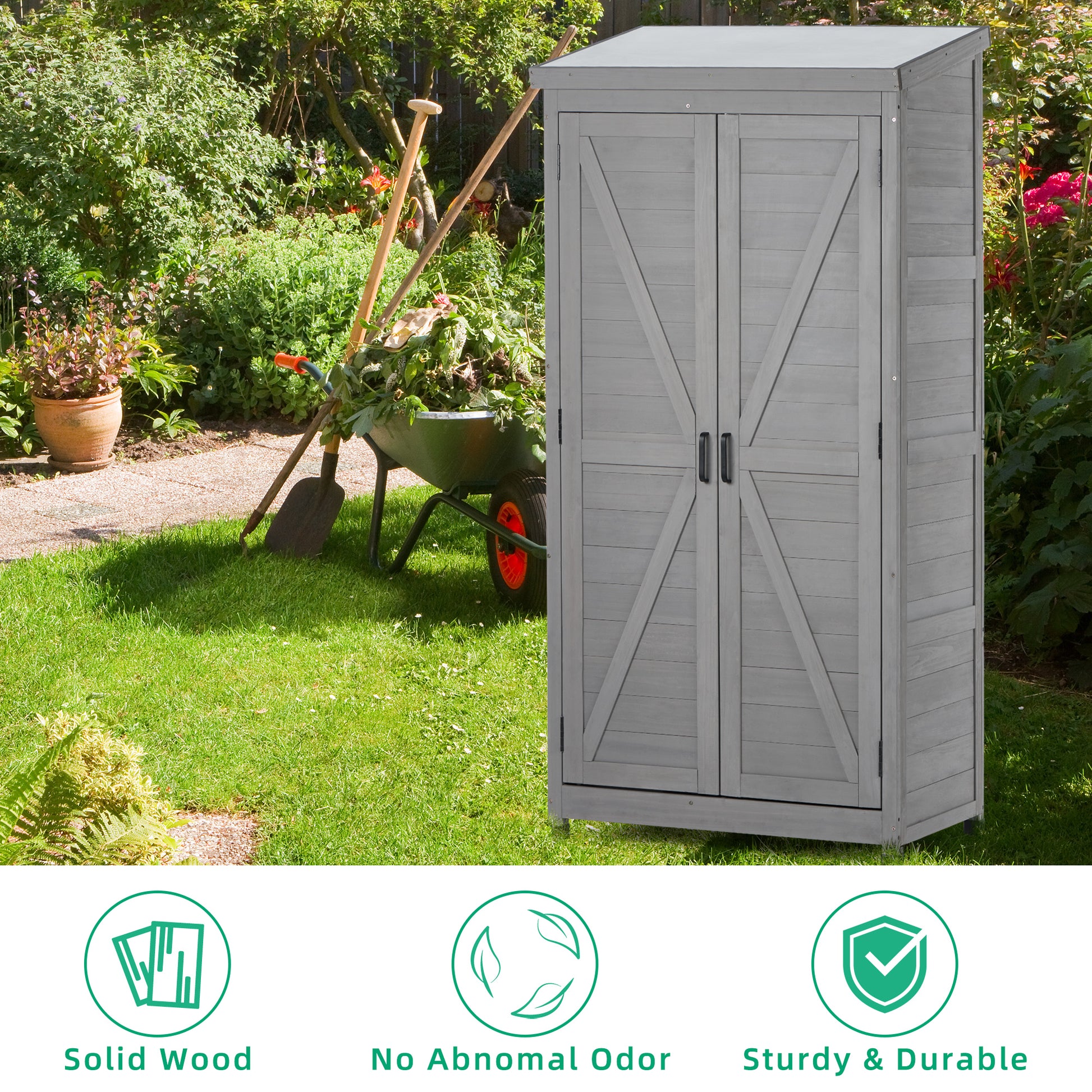 Gray wooden garden storage shed with double doors