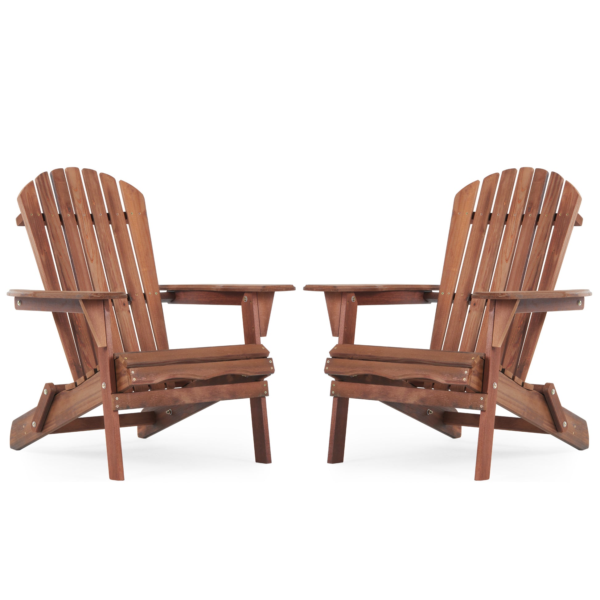 Pair of brown wooden adirondack chairs with wide armrests