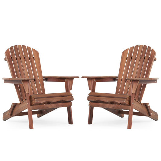 Pair of brown wooden adirondack chairs with wide armrests