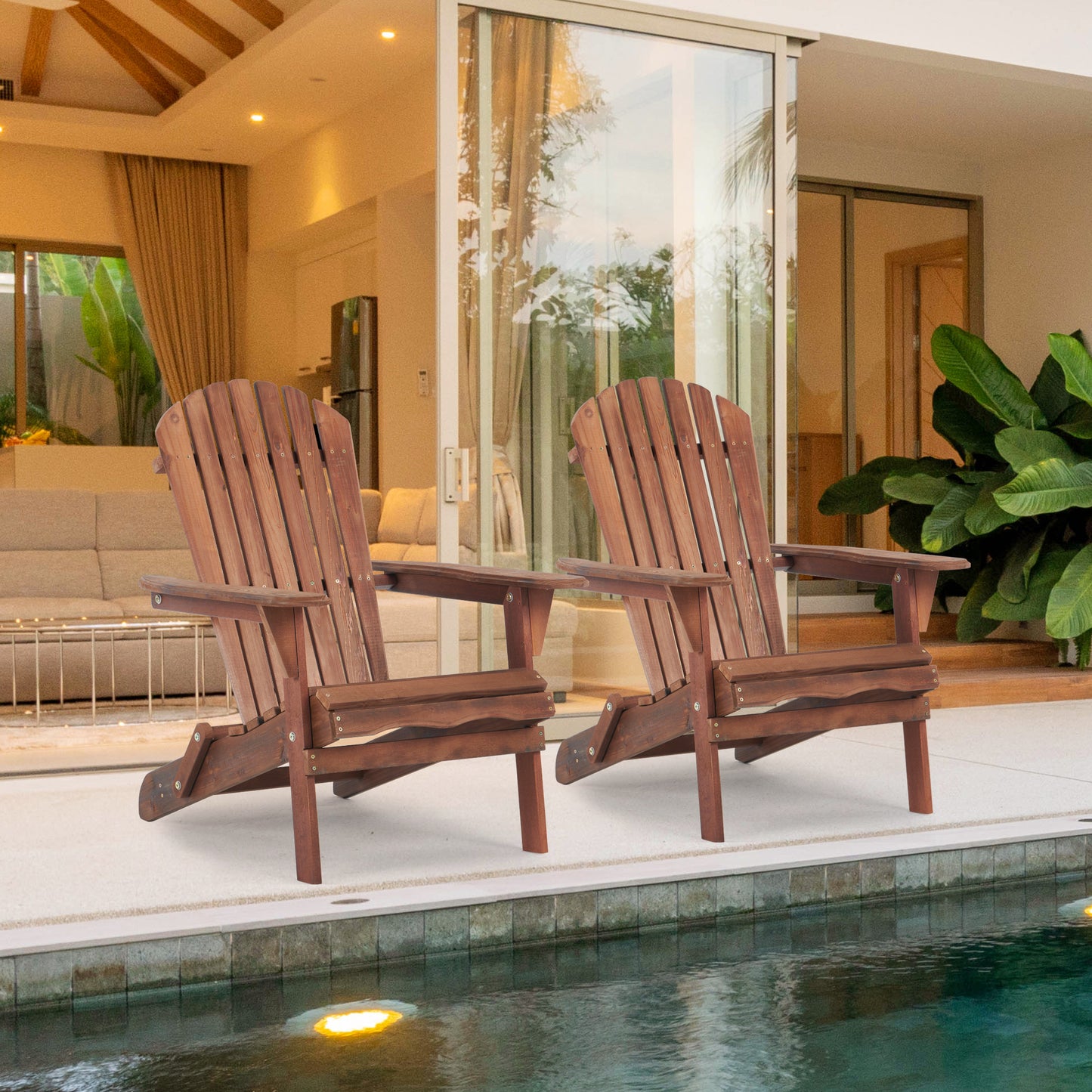 Two dark brown wooden adirondack chairs sit by a pool