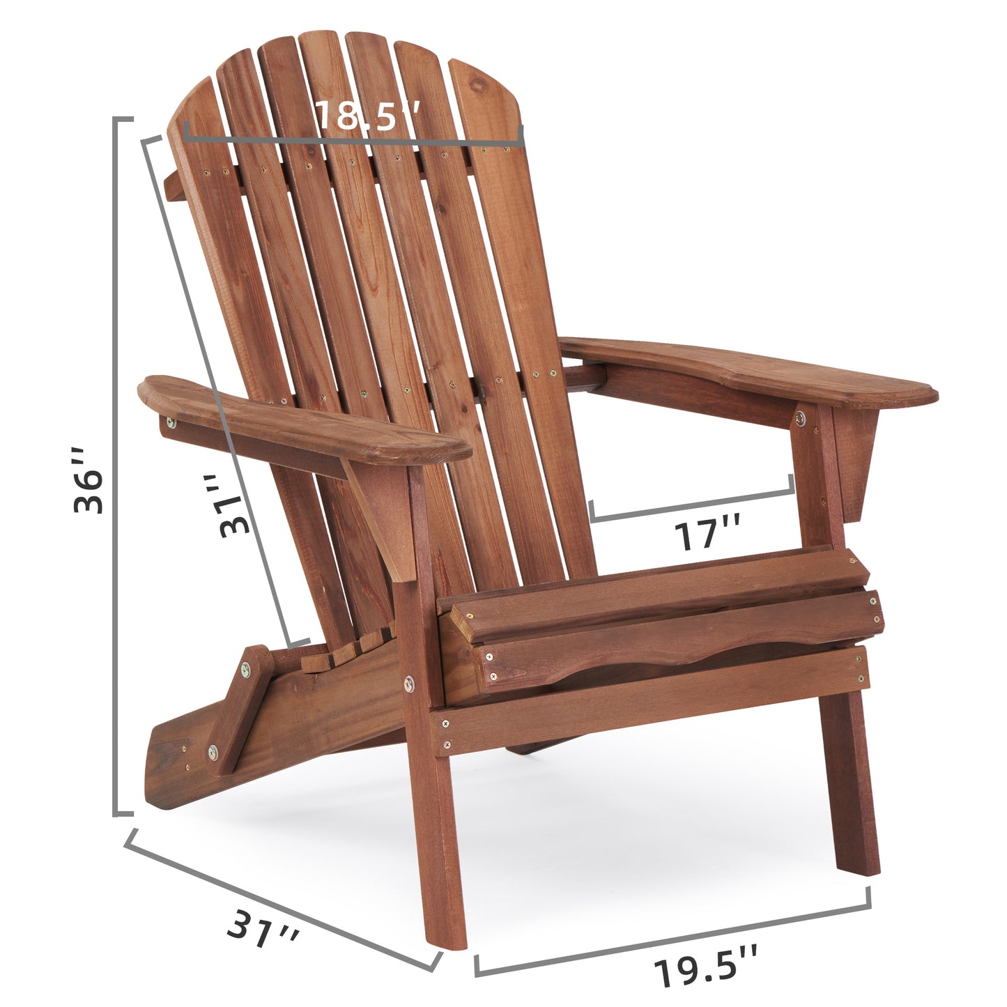 Brown wooden Adirondack chair with wide armrests and slatted back
