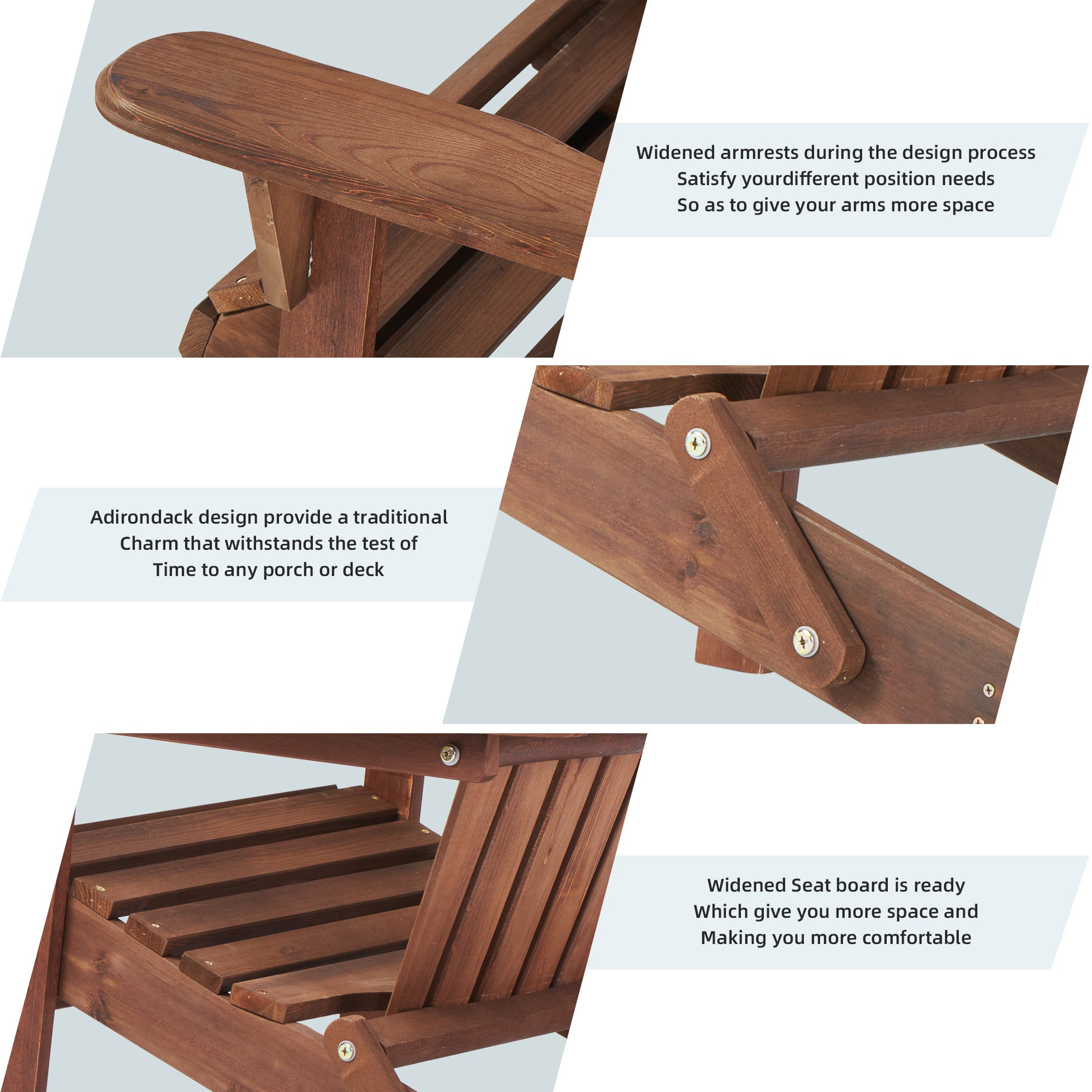 Closeup of a dark brown wooden Adirondack chair armrest with a smooth curved edge showcasing craftsmanship