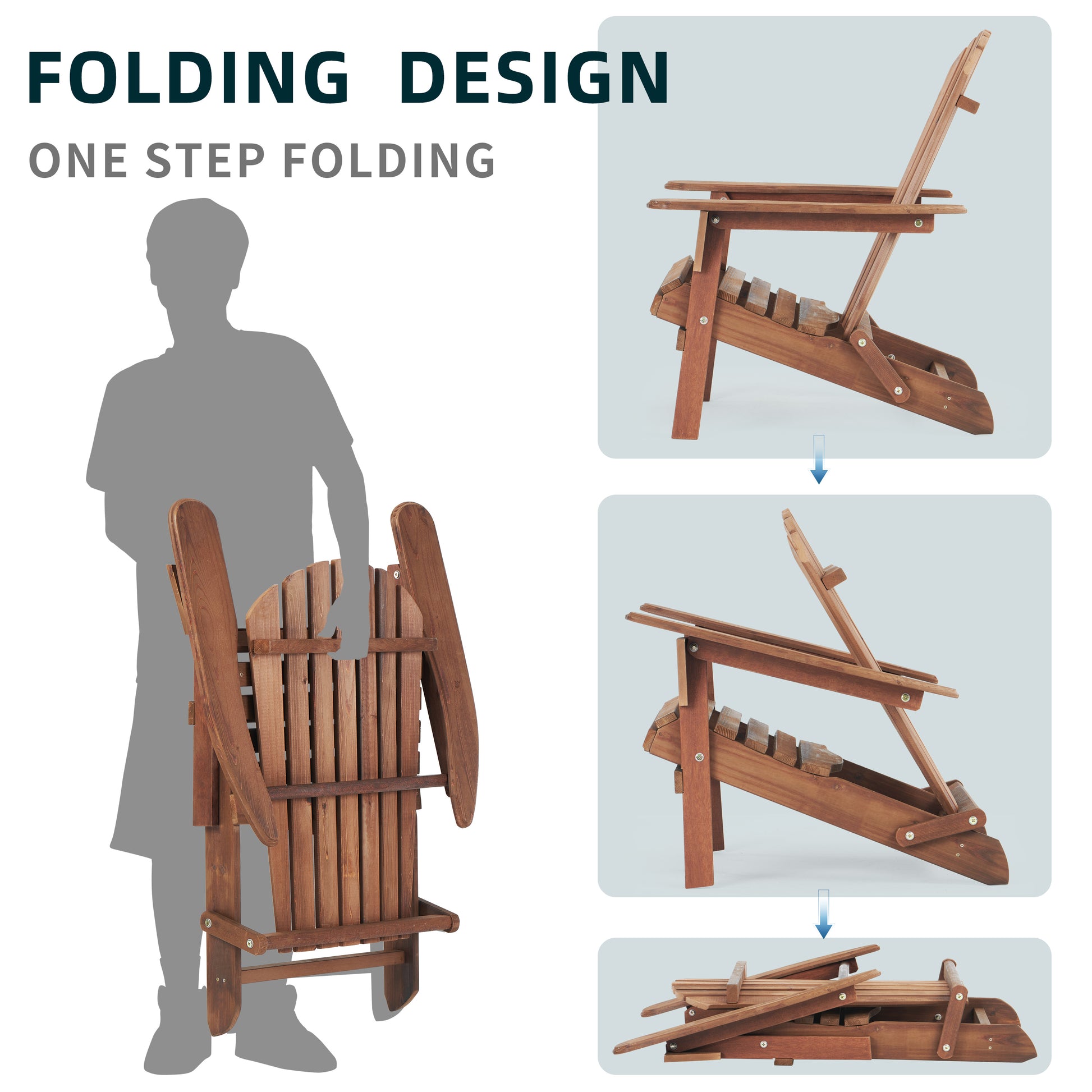Brown wooden Adirondack chair fully unfolded ready for outdoor relaxation