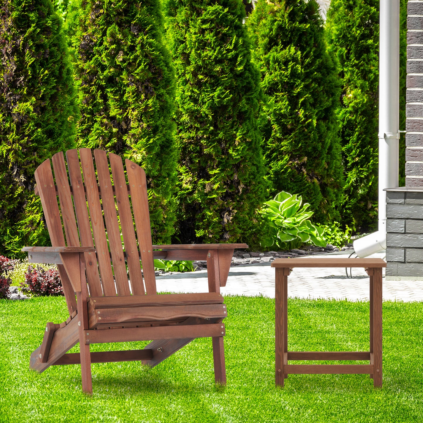 Brown wooden Adirondack chair and side table on green grass