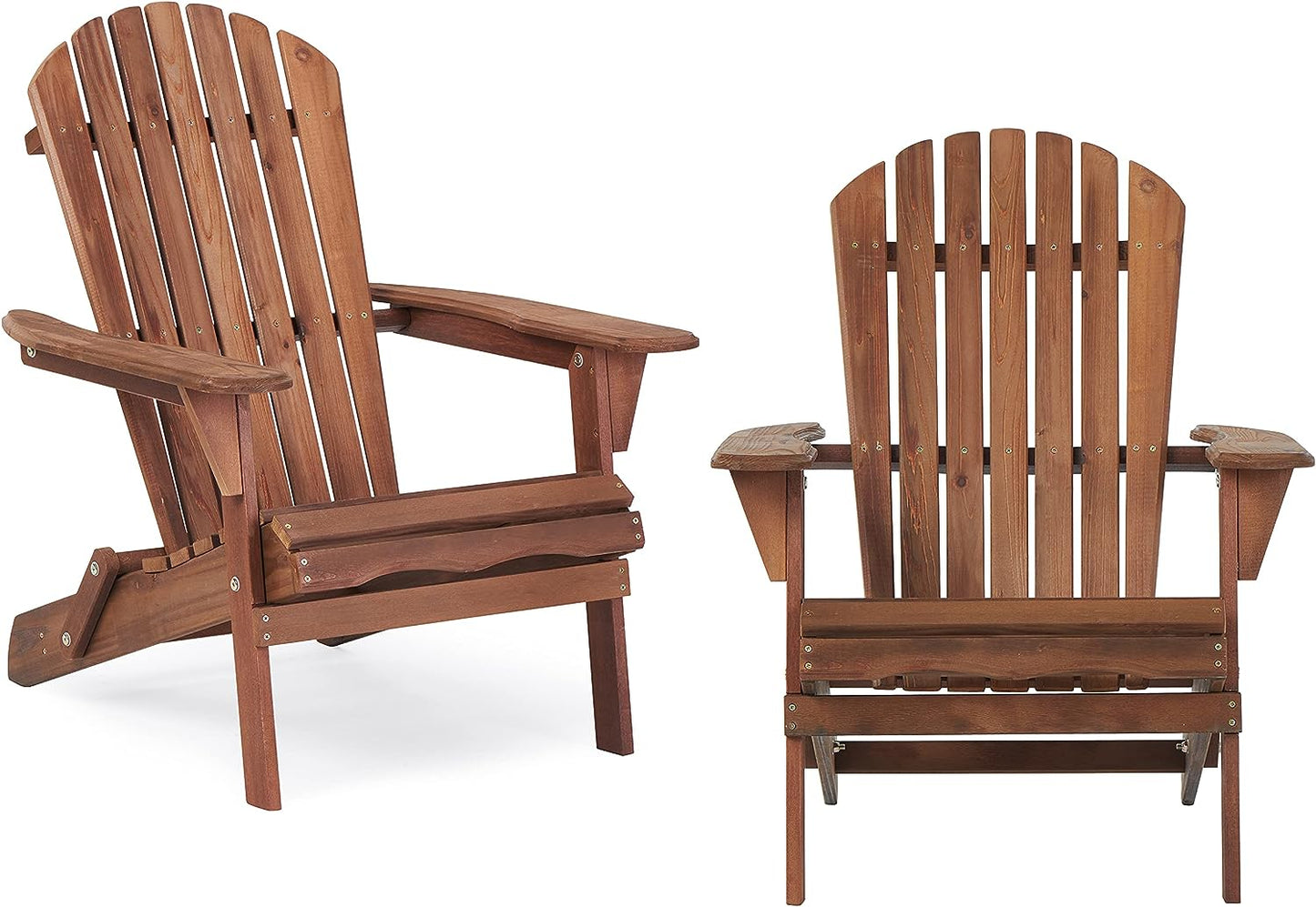Solid wood Adirondack chair with wide armrests and slatted back