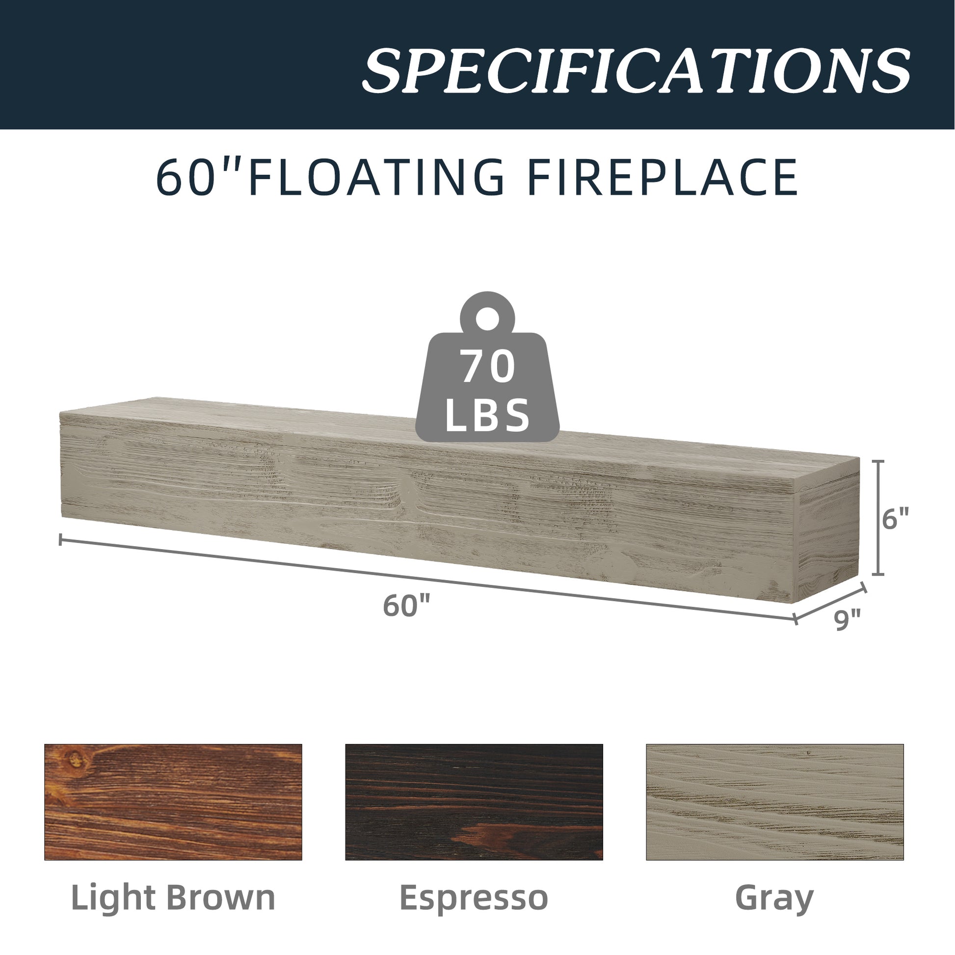 inch floating fireplace mantel in distressed gray wood finish