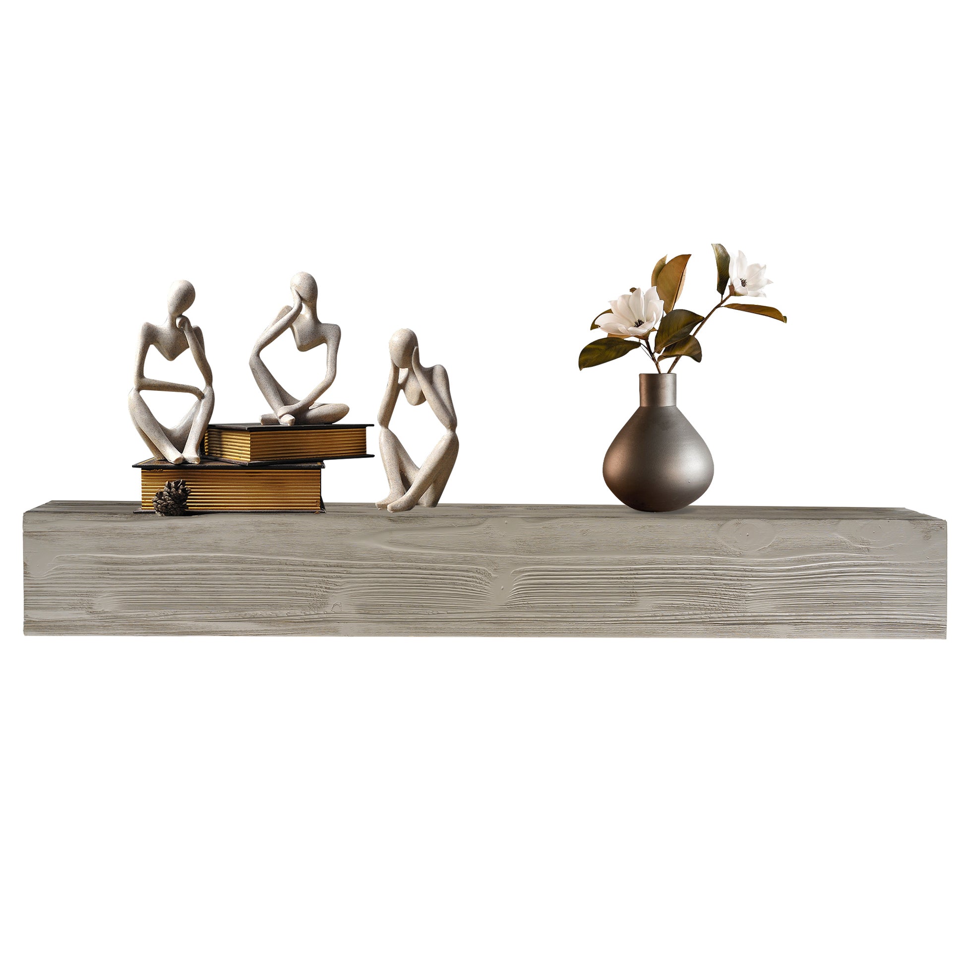 Textured gray wood floating shelf with abstract stone figures