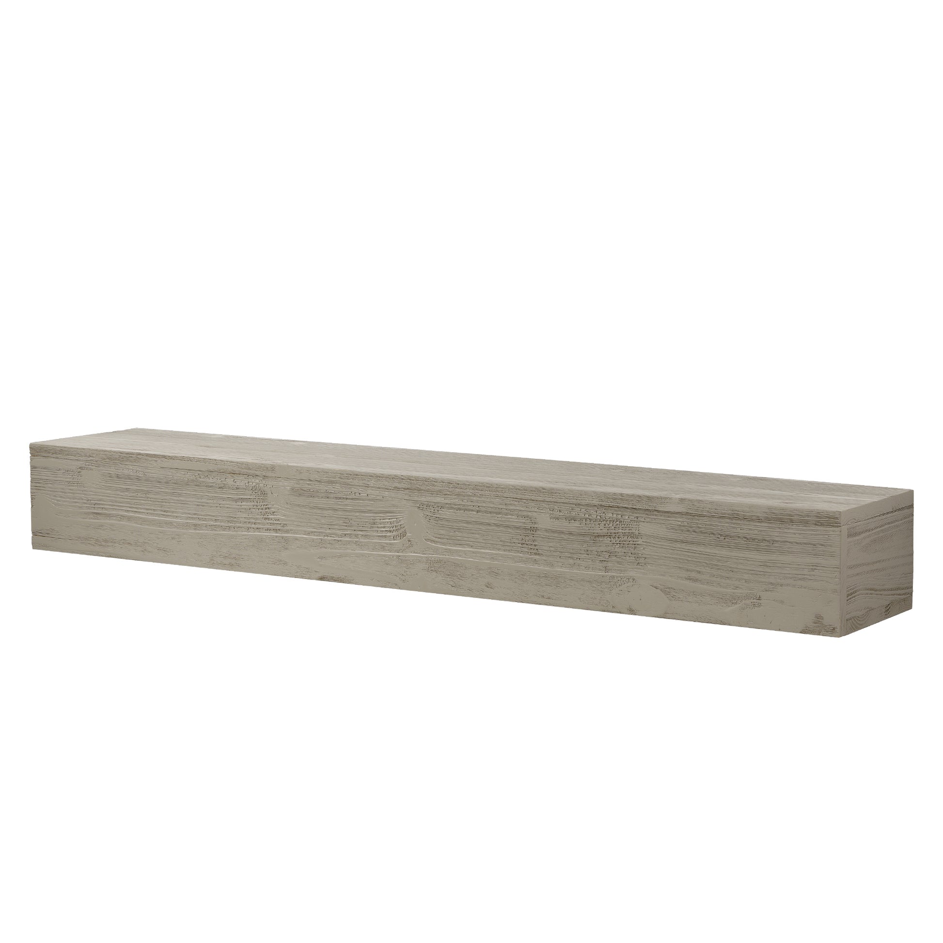 Rustic faux wood mantel shelf in light brown with textured finish