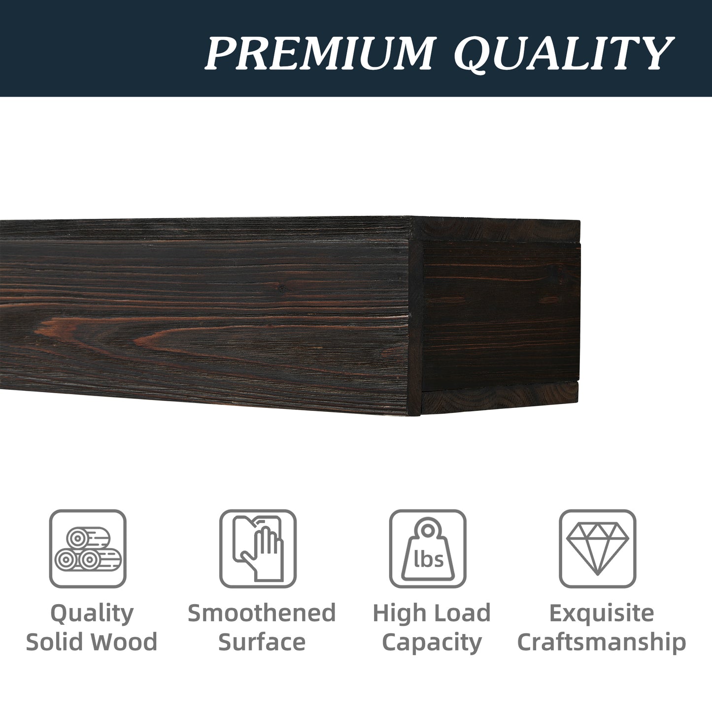 Dark brown solid wood mantel shelf with rich grain texture