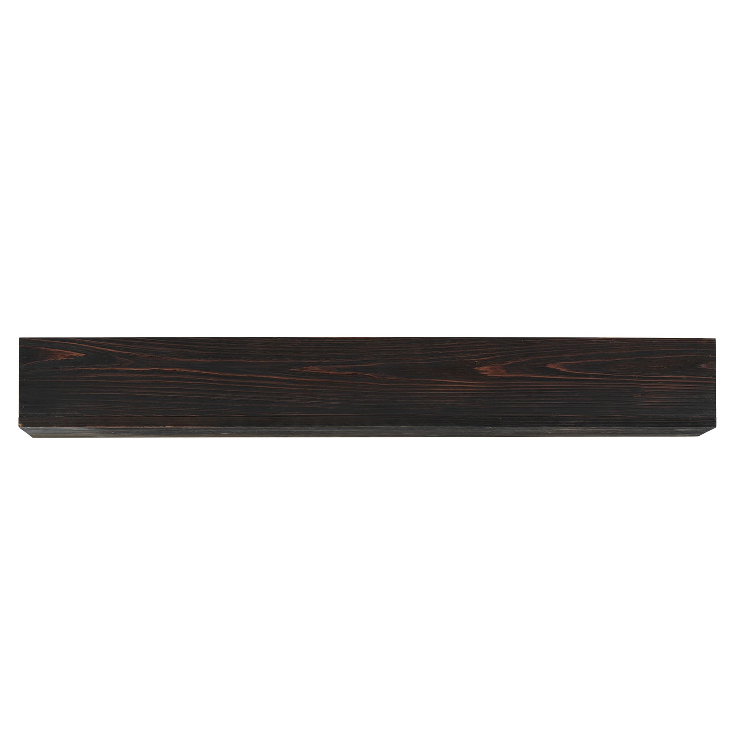 Dark walnut wooden mantel shelf with prominent grain texture