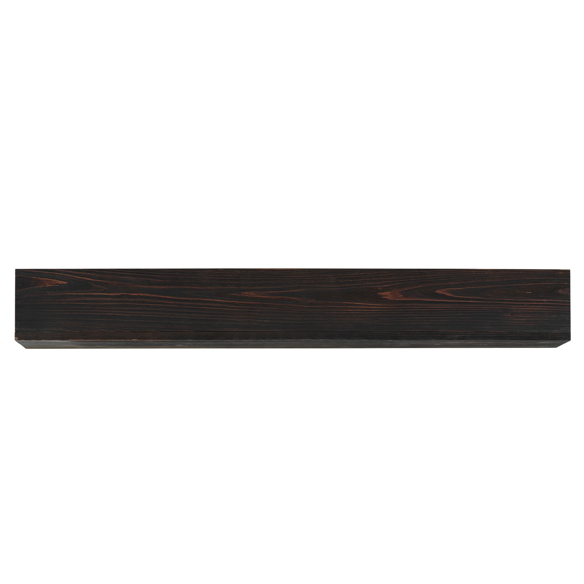 Dark walnut wooden mantel shelf with prominent grain texture