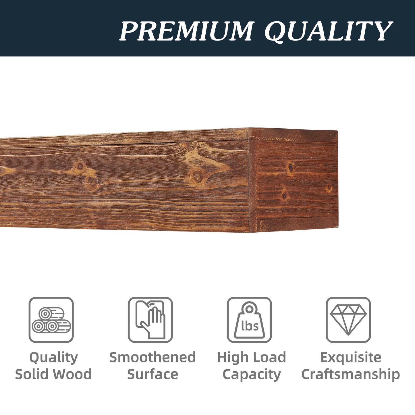 Rustic dark wood mantelpiece with prominent grain and knots