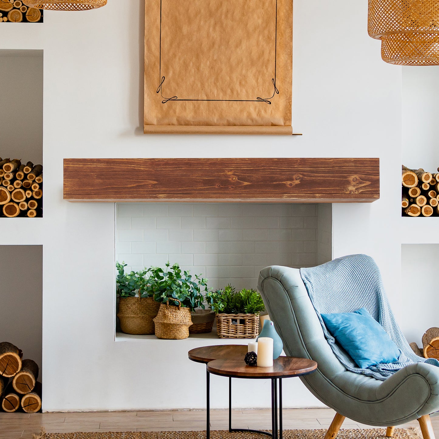 Rustic wooden mantelpiece with knot details