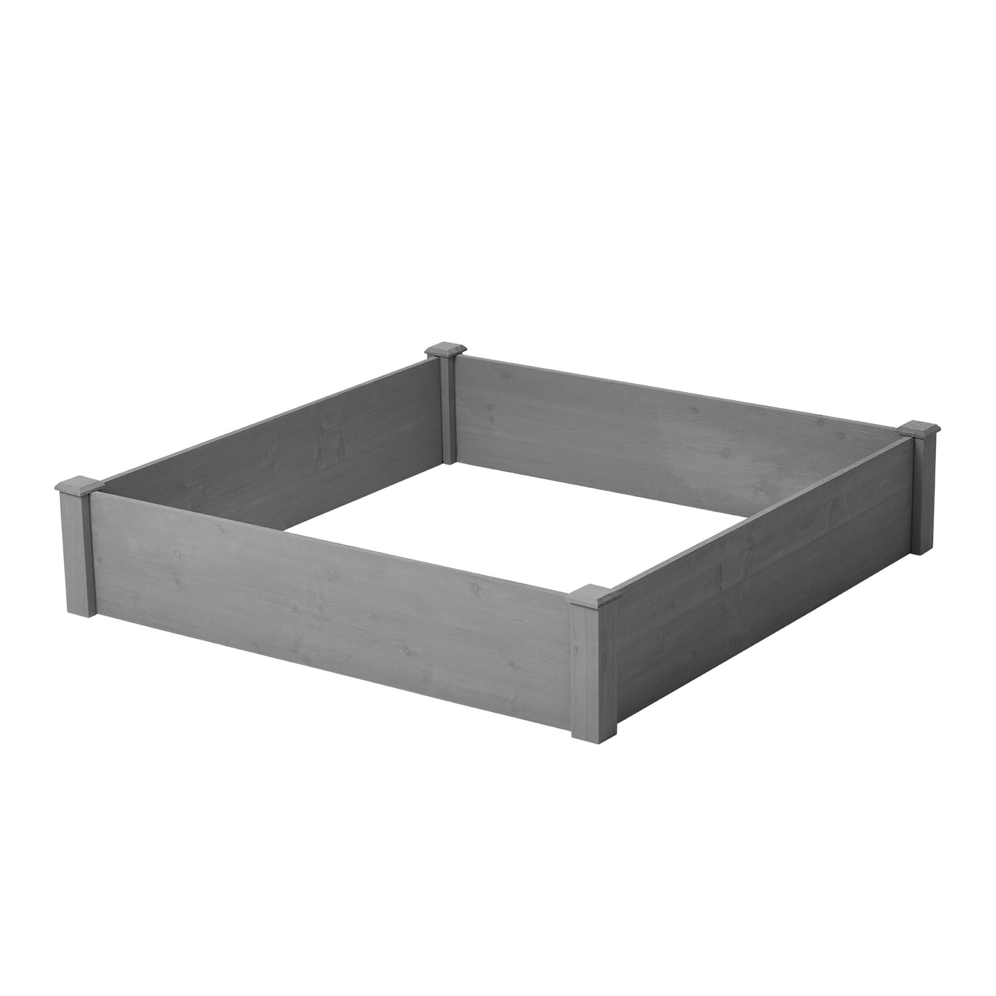 Gray wooden raised garden bed with corner posts