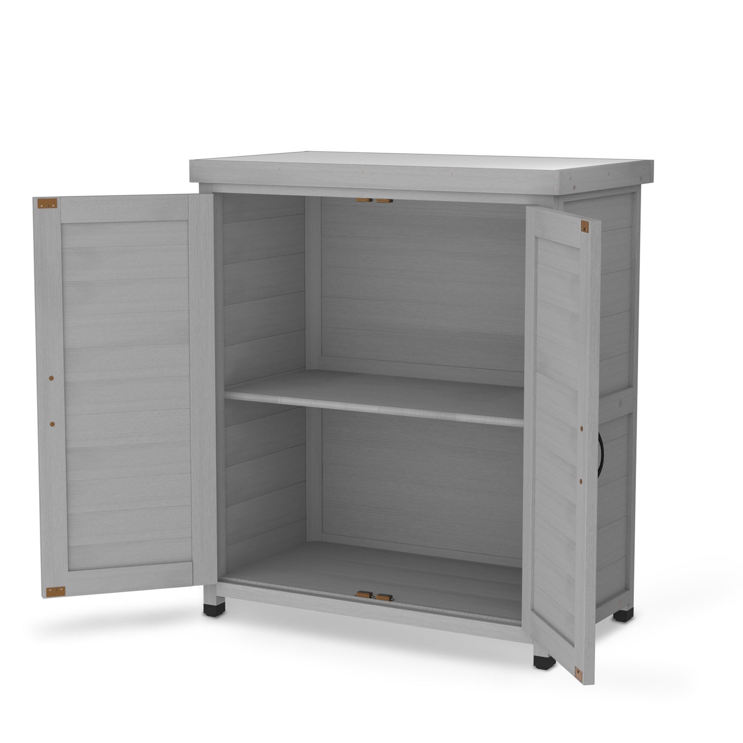 Gray wooden outdoor storage cabinet with two shelves and open doors