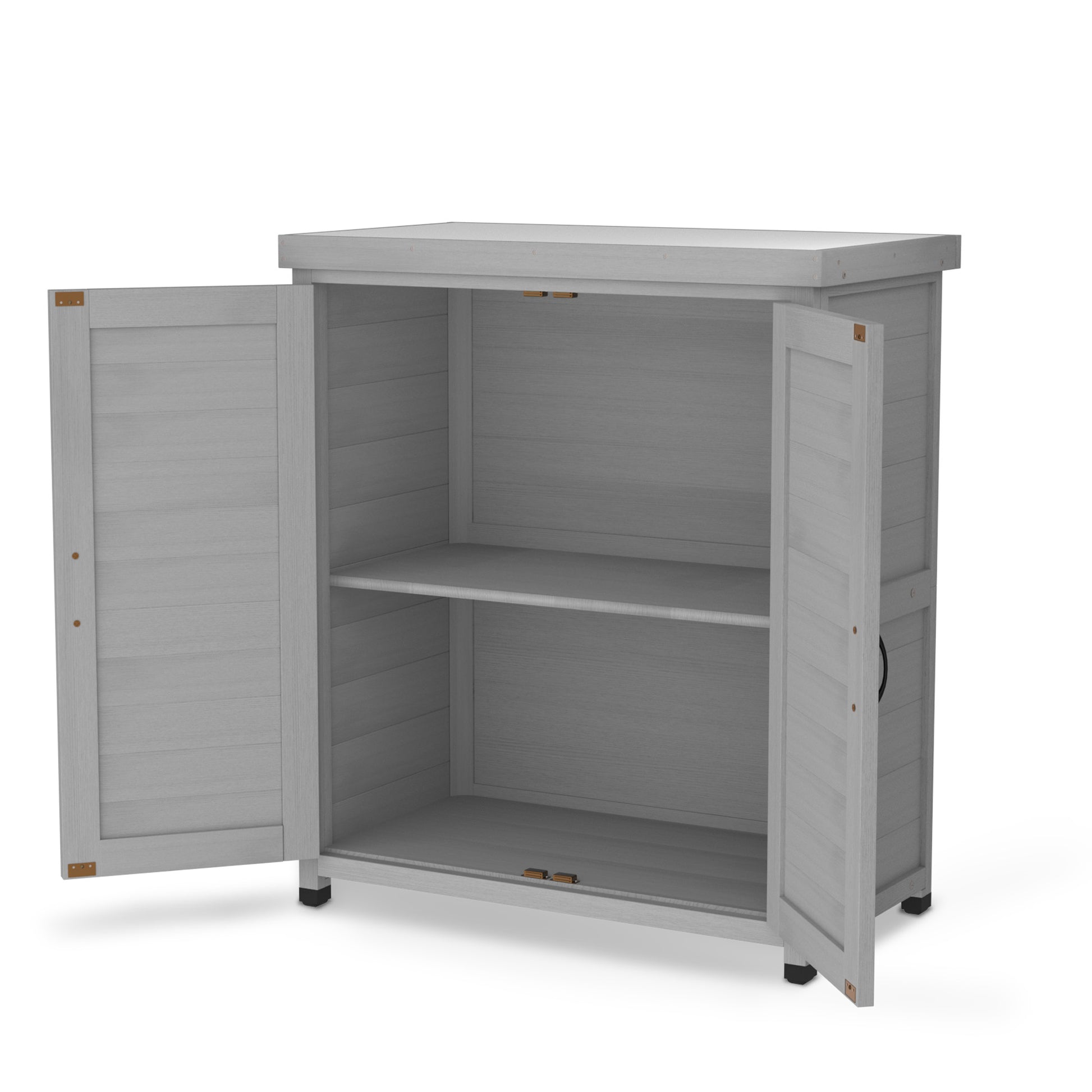 Gray wooden outdoor storage cabinet with two shelves and open doors