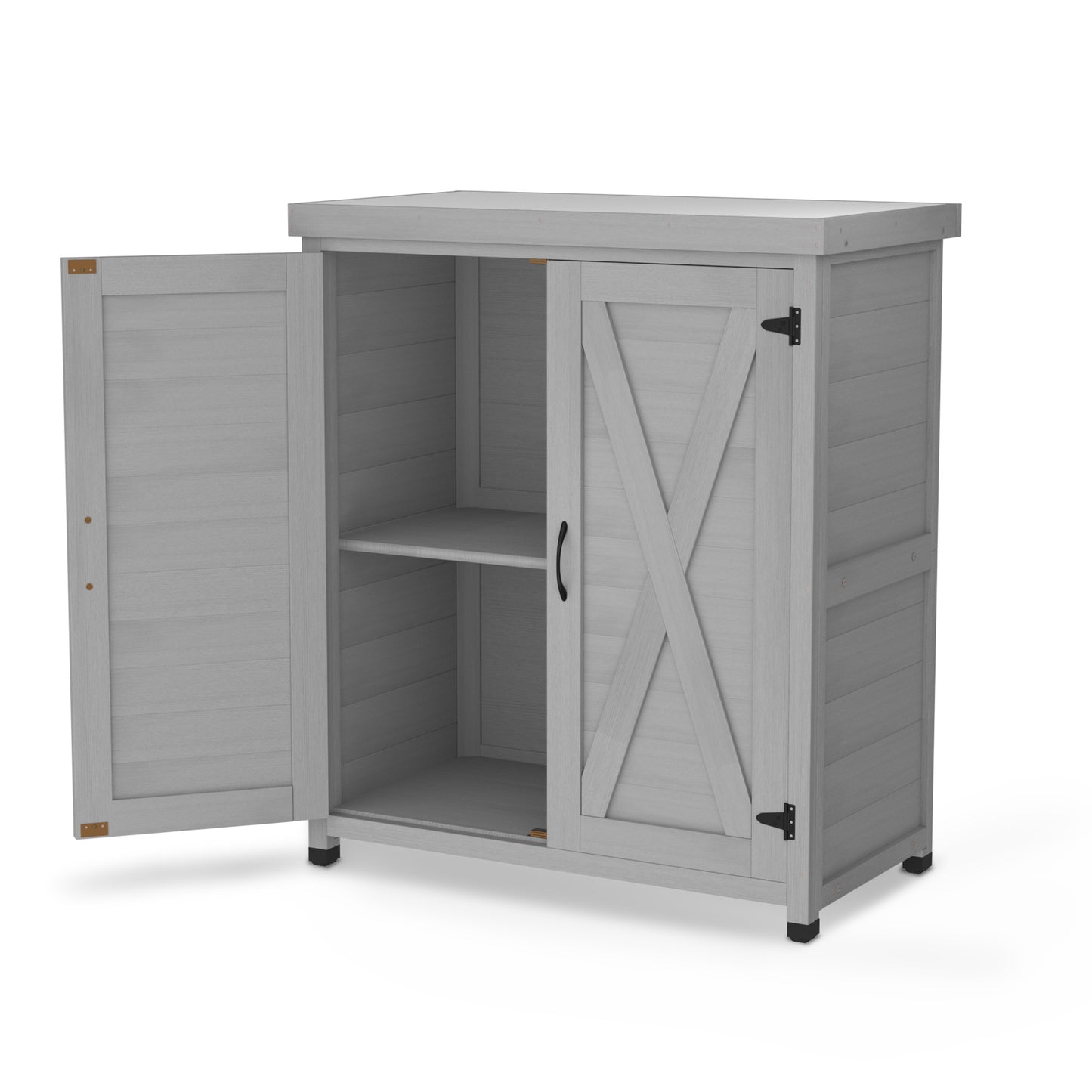 Light gray wooden storage cabinet with double doors and one adjustable shelf