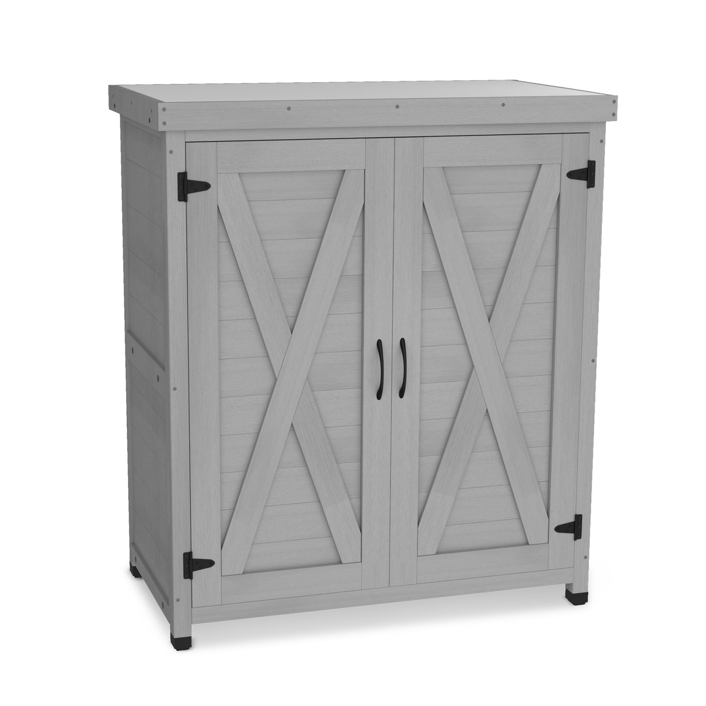 Gray wooden outdoor storage cabinet with barn door style