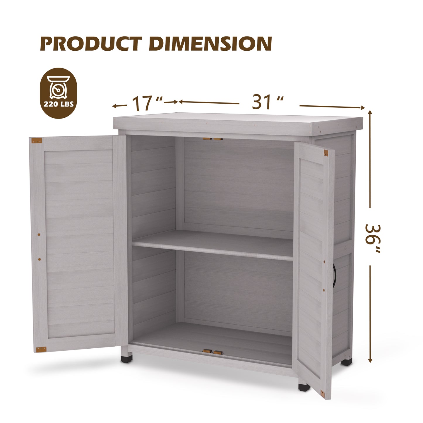 Light gray outdoor storage cabinet with two shelves