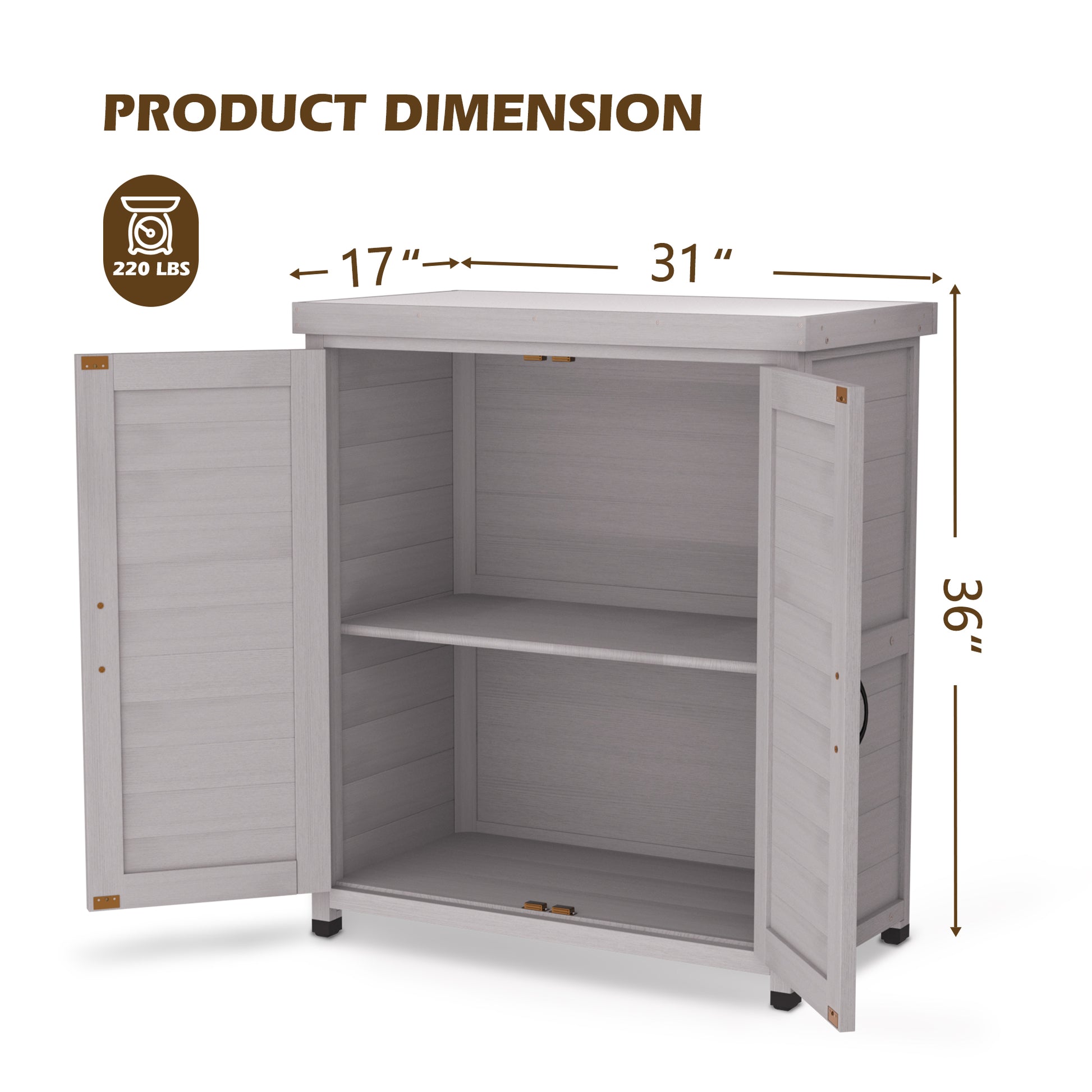 Light gray outdoor storage cabinet with two shelves