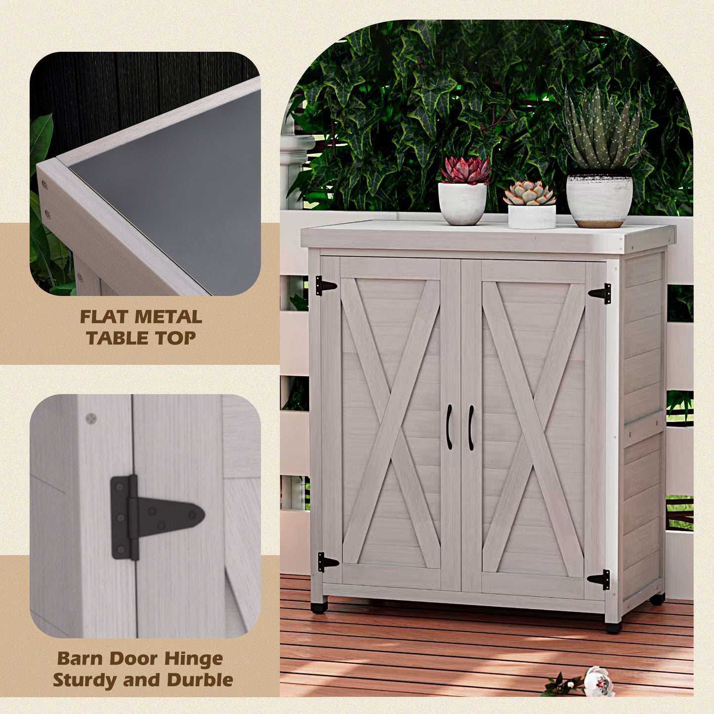 Gray outdoor storage cabinet with barn door hinges and flat metal tabletop
