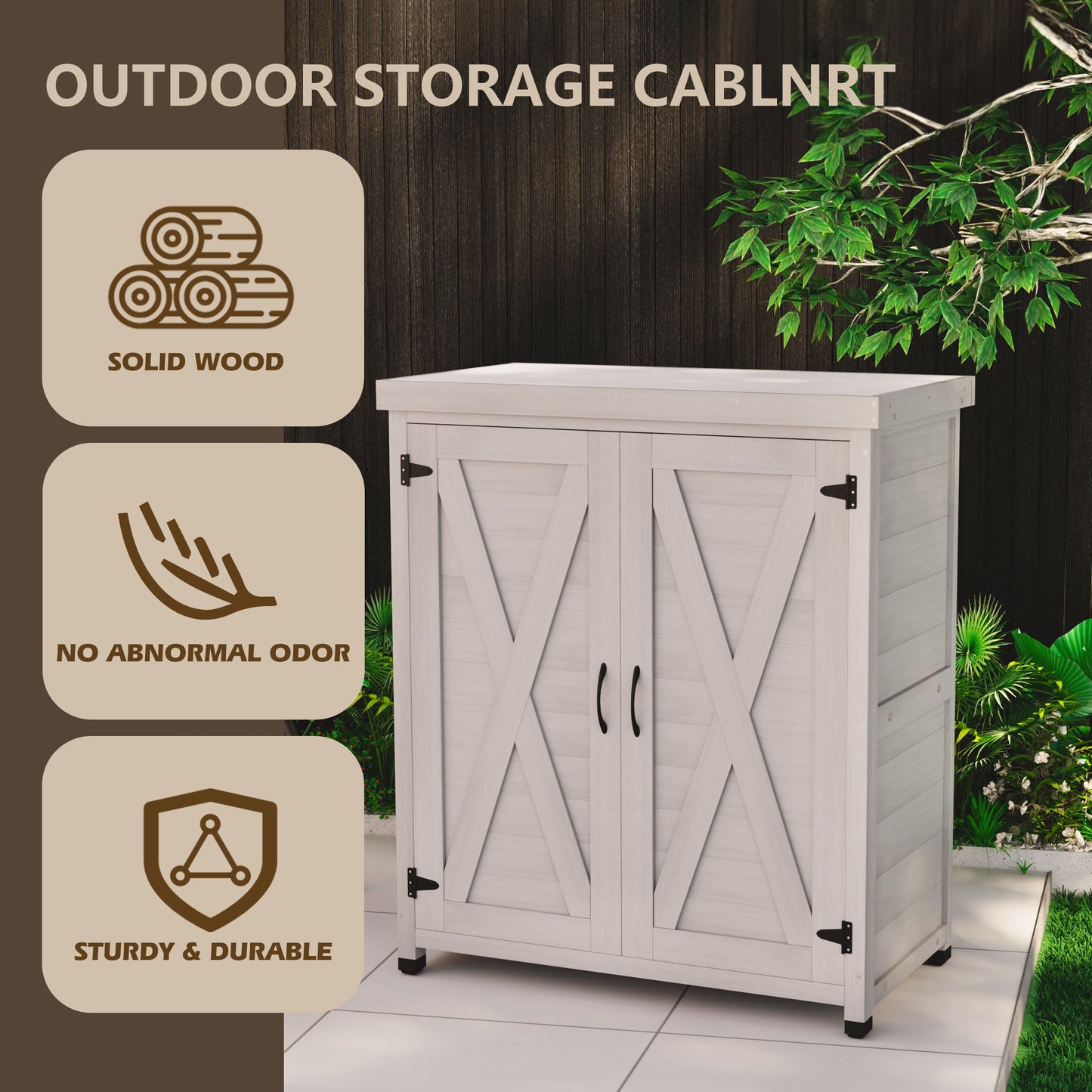 Light gray wood outdoor storage cabinet with double doors