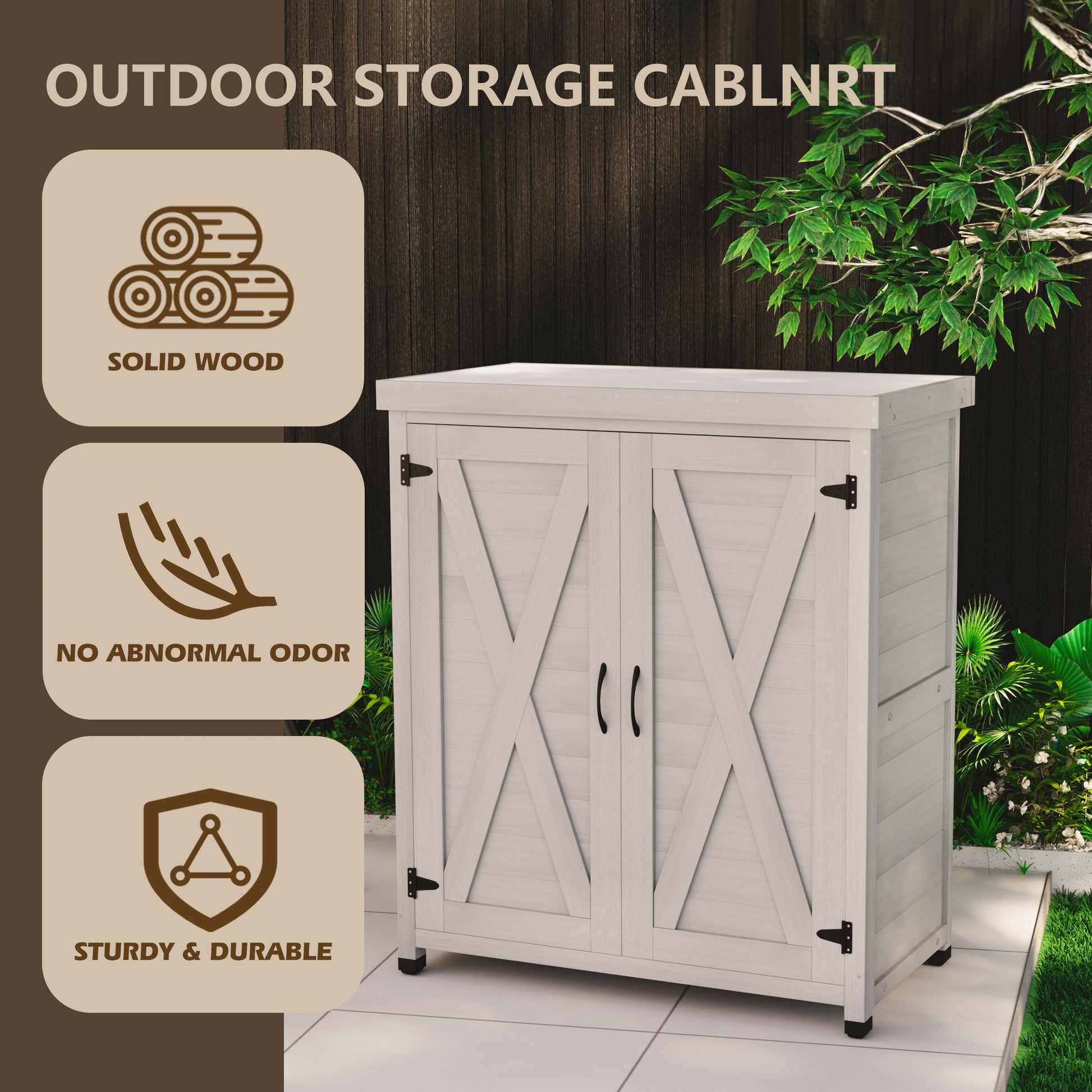 Light gray wood outdoor storage cabinet with double doors