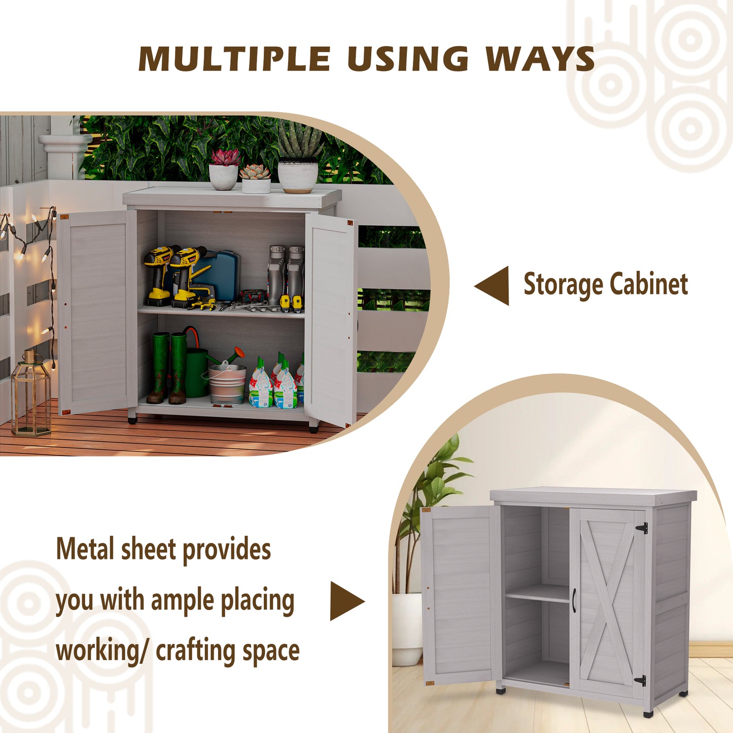 Gray outdoor storage cabinet with tools and gardening supplies
