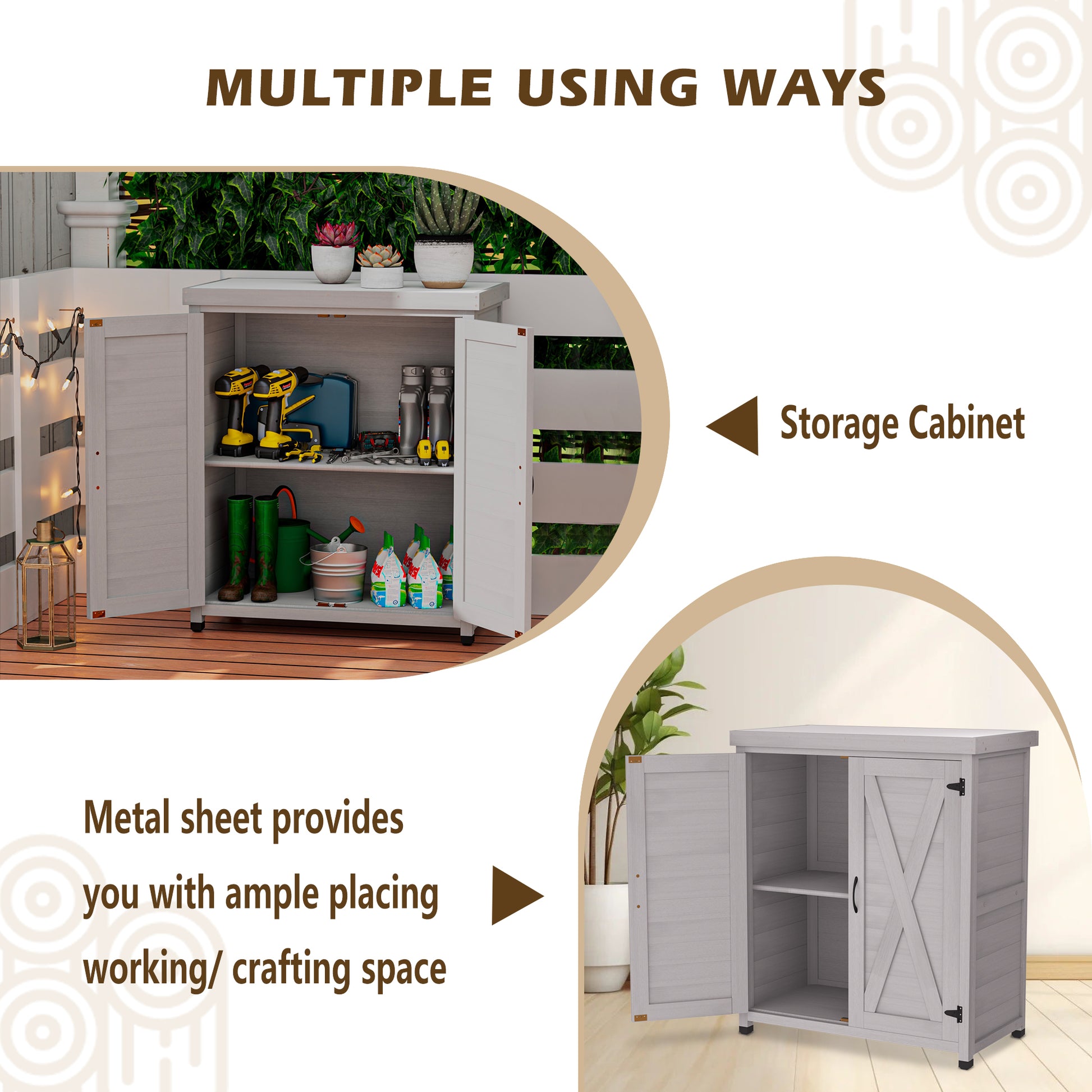 Gray outdoor storage cabinet with tools and gardening supplies