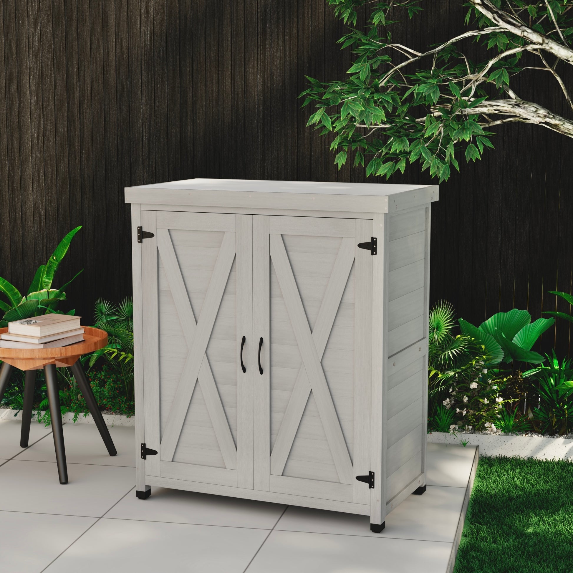 White wooden outdoor storage cabinet with double doors and Xdesign