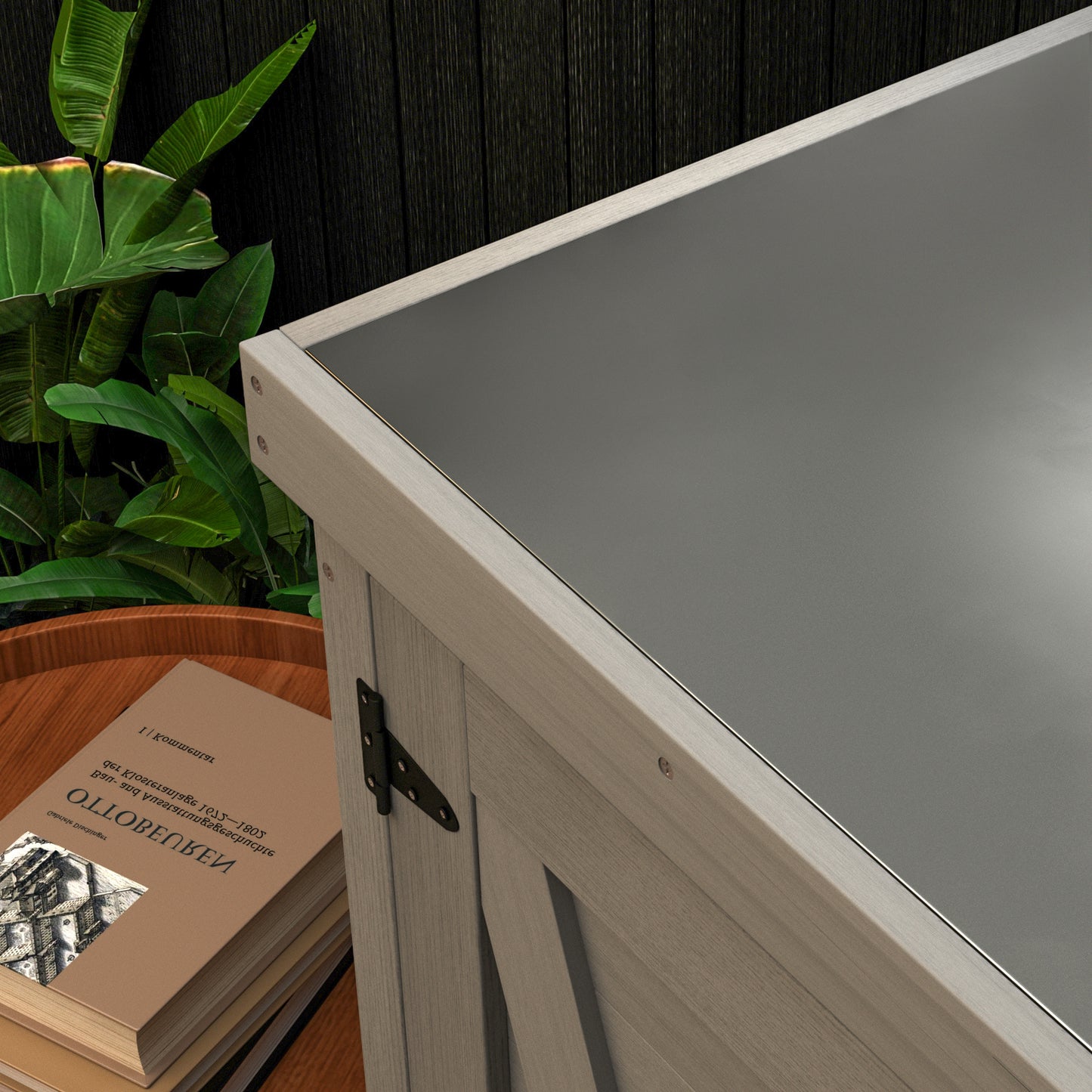 Taupe wooden garden storage box with dark gray lid