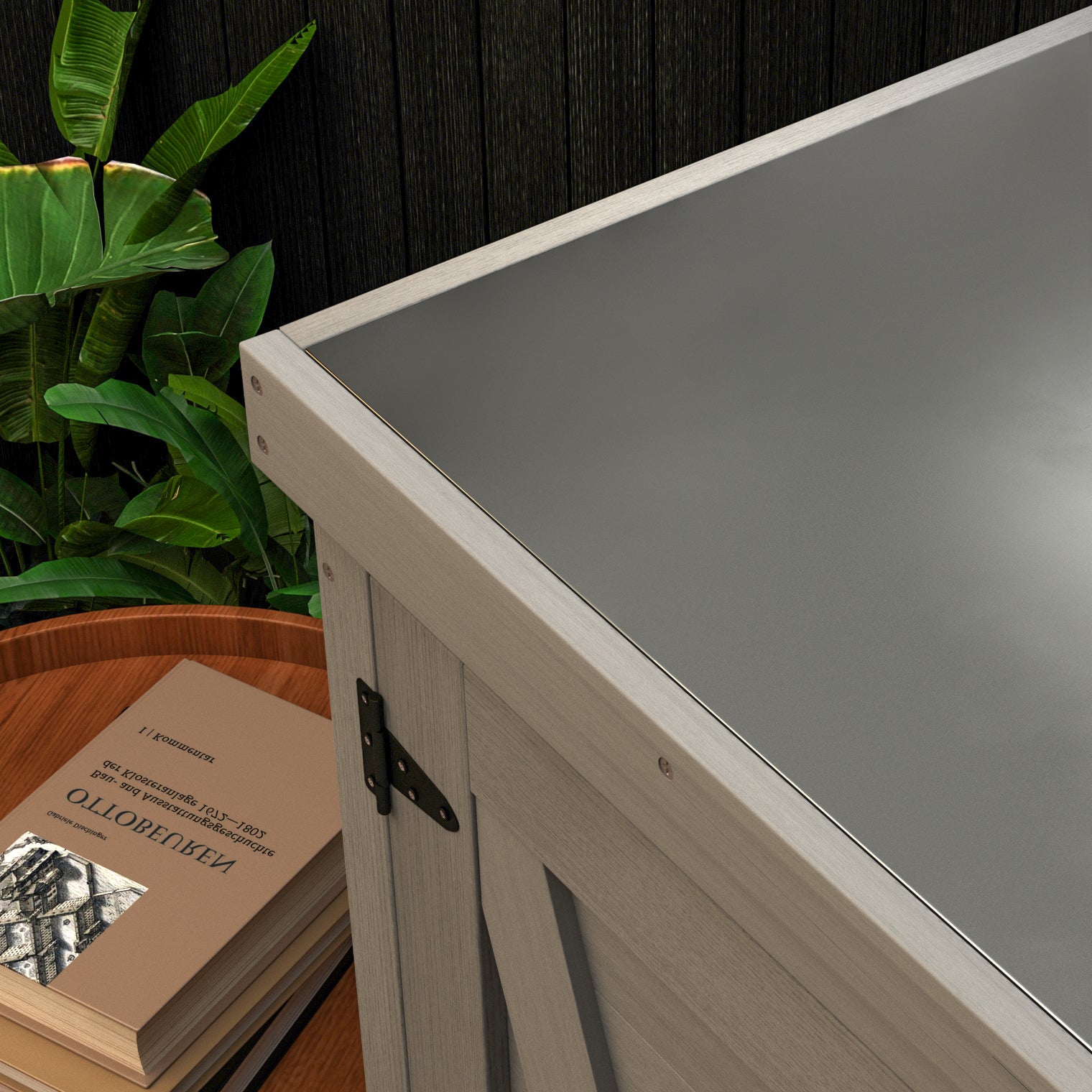 Taupe wooden garden storage box with dark gray lid