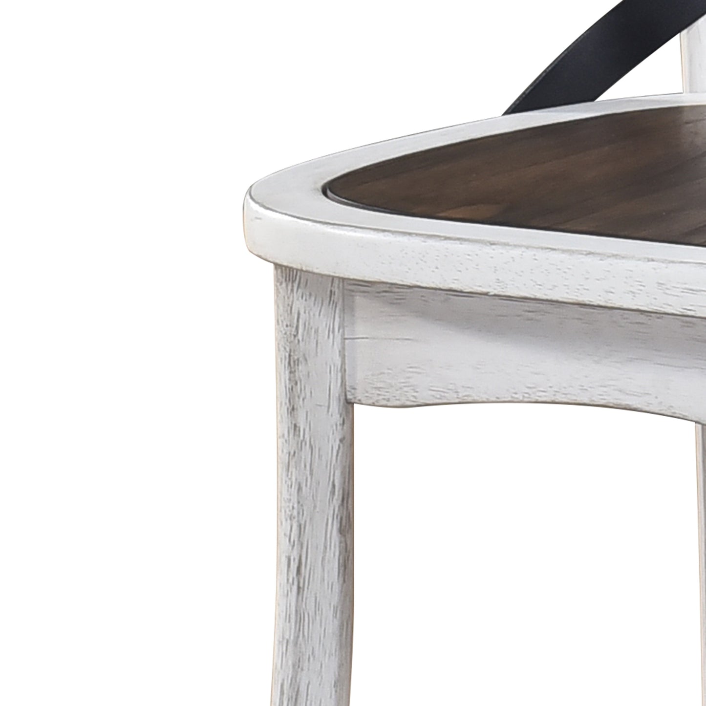 Distressed white wood bar stool with dark wood seat
