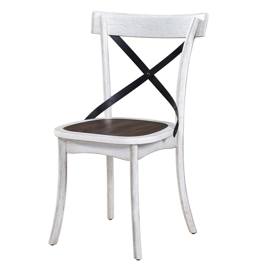 Farmhouse style distressed white wood dining chair with dark wood seat and black X back accent