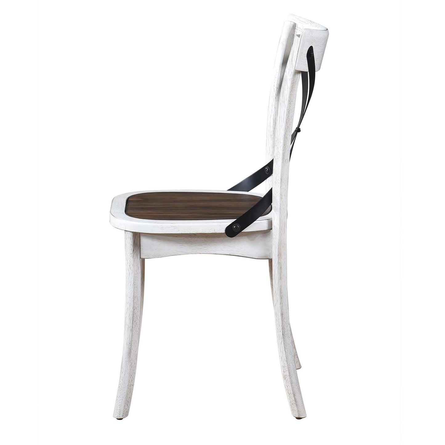 White distressed wood dining chair with dark wood seat and black straps