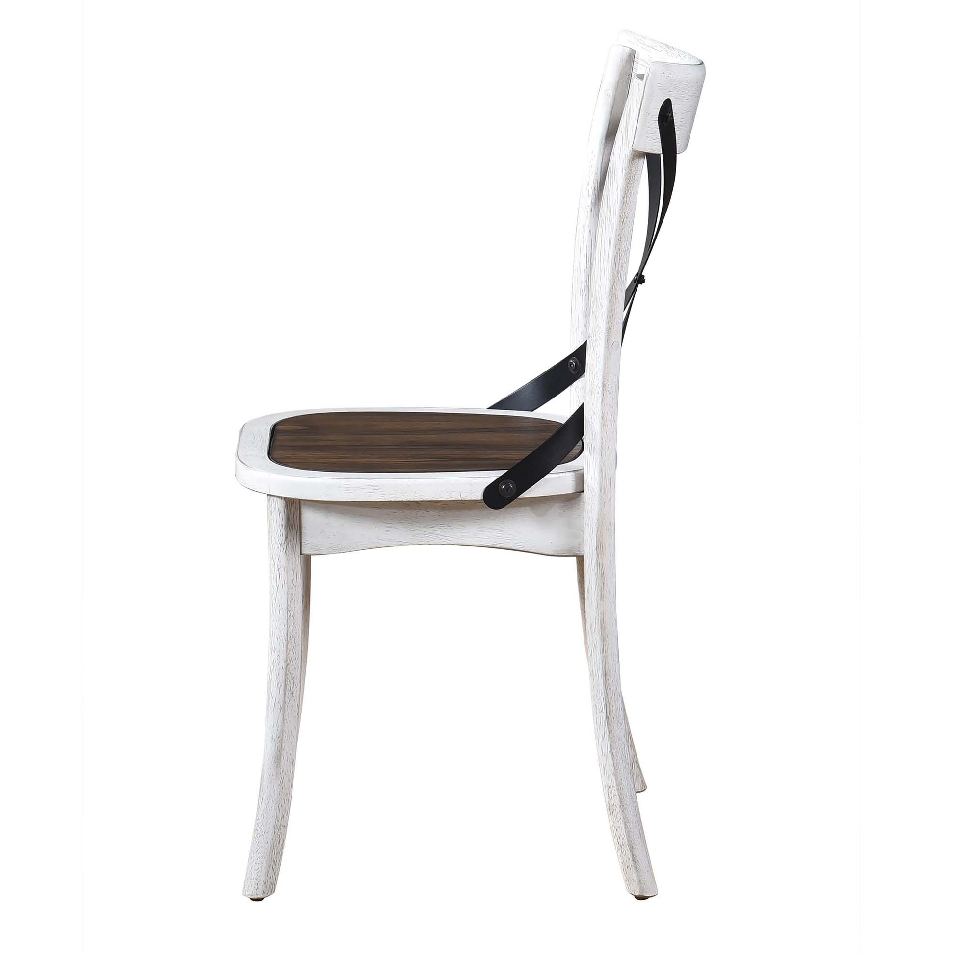 White distressed wood dining chair with dark wood seat and black straps