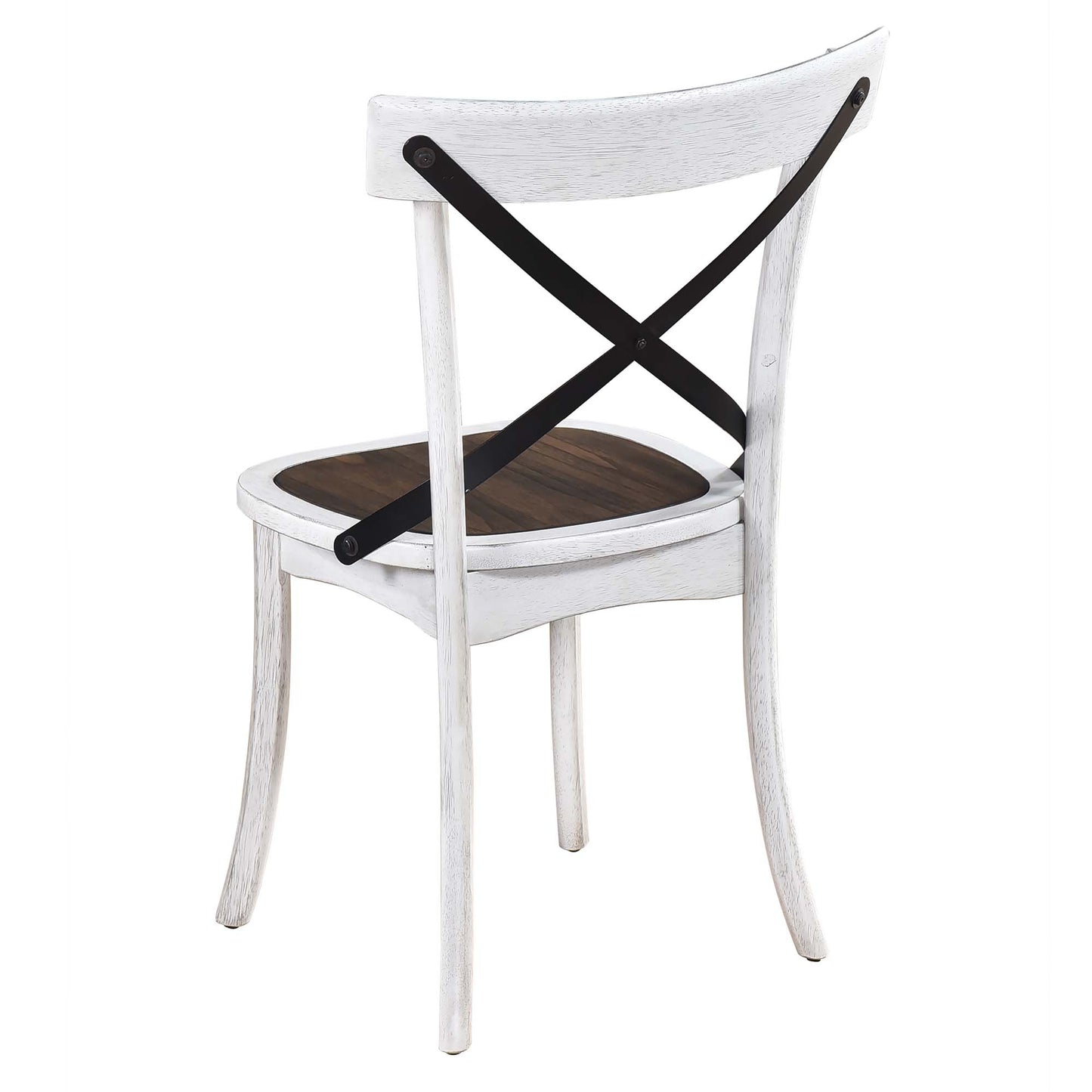 White distressed wood farmhouse chair with dark wood seat and black X back