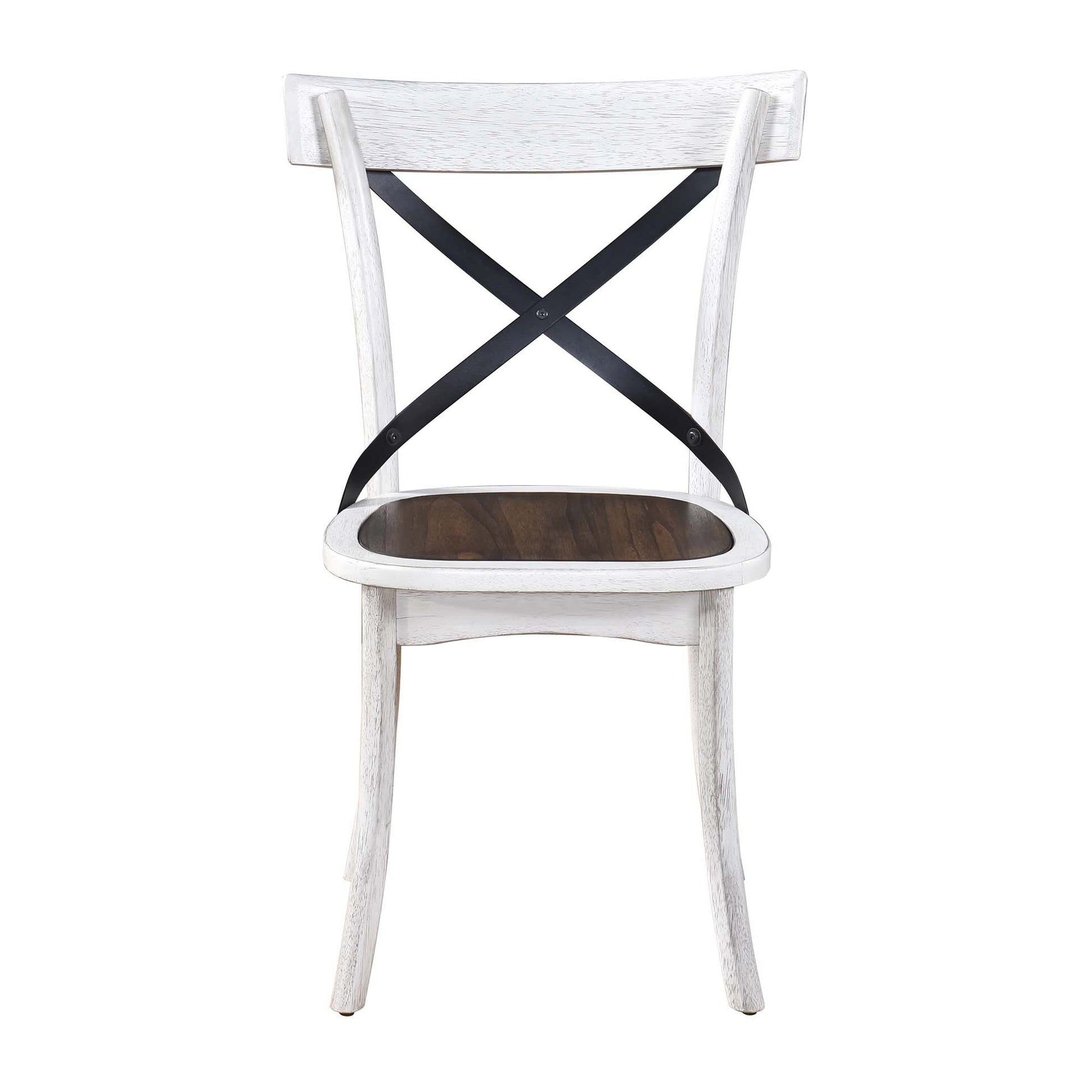 White wooden dining chair with dark wood seat and black Xback accent
