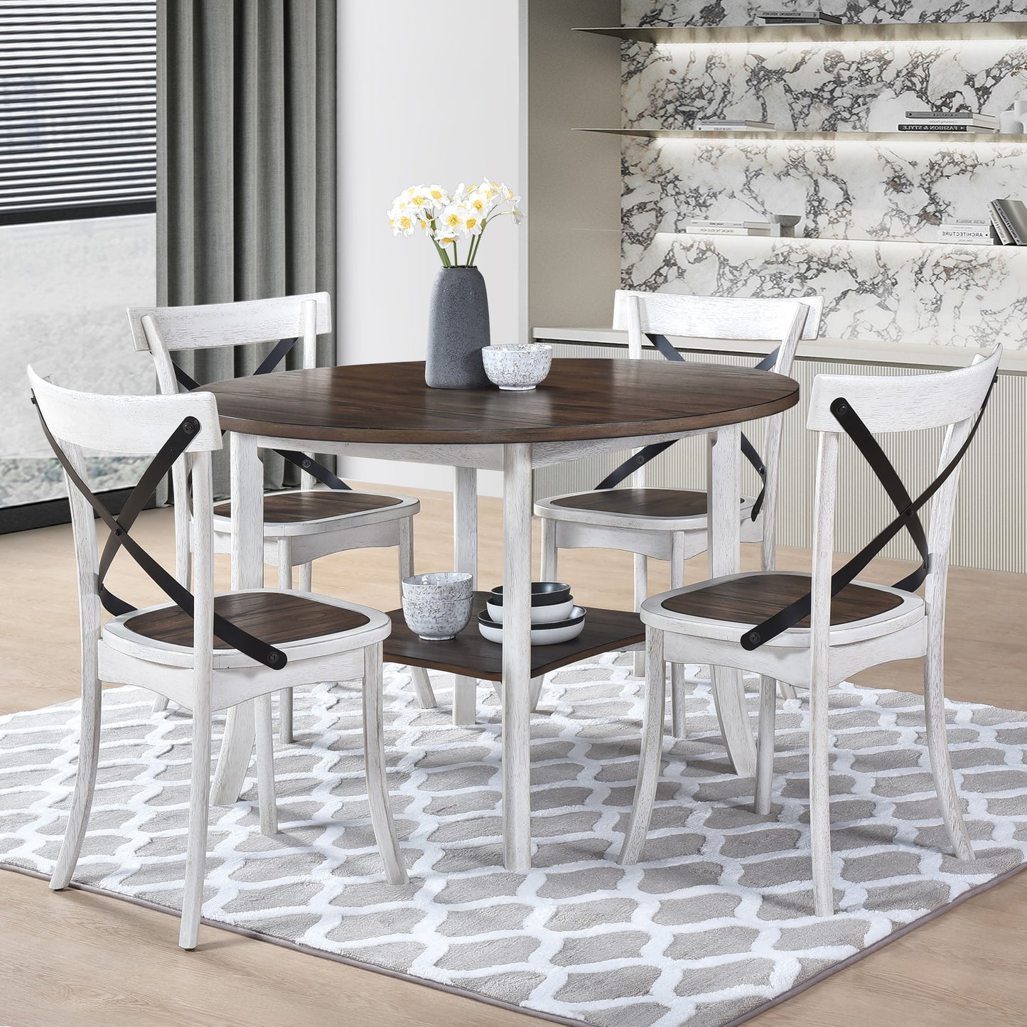 Round farmhouse dining table set with four white distressed chairs