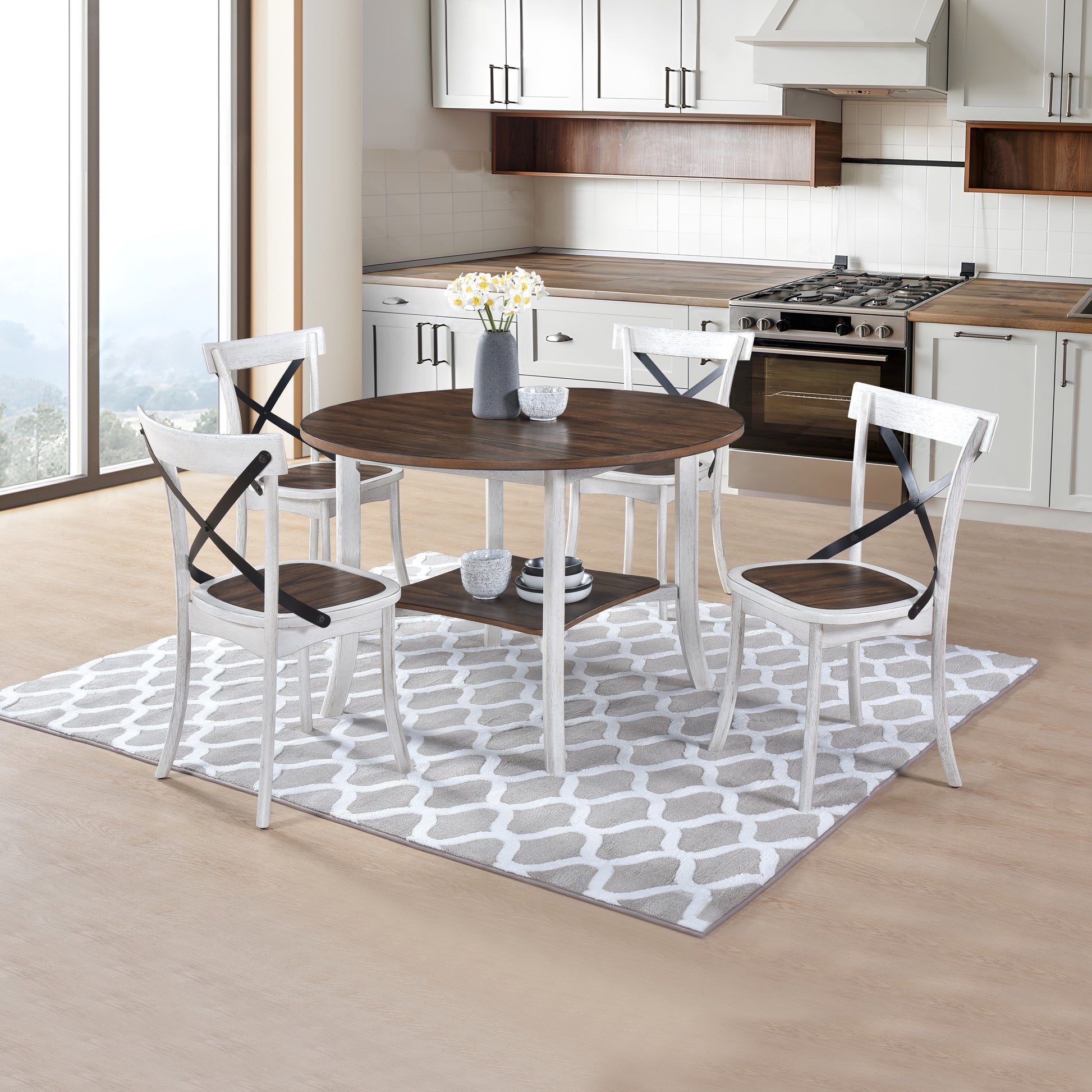 Rustic distressed white dining chairs with dark Xback detail and wood seat