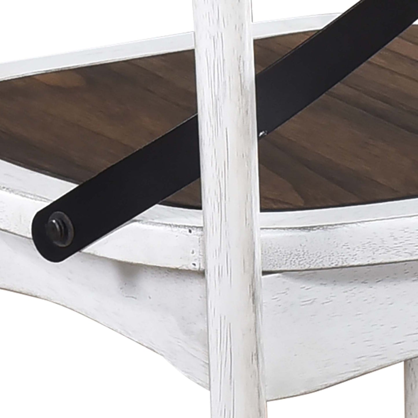 Closeup of weathered white wooden frame with dark wood inlay