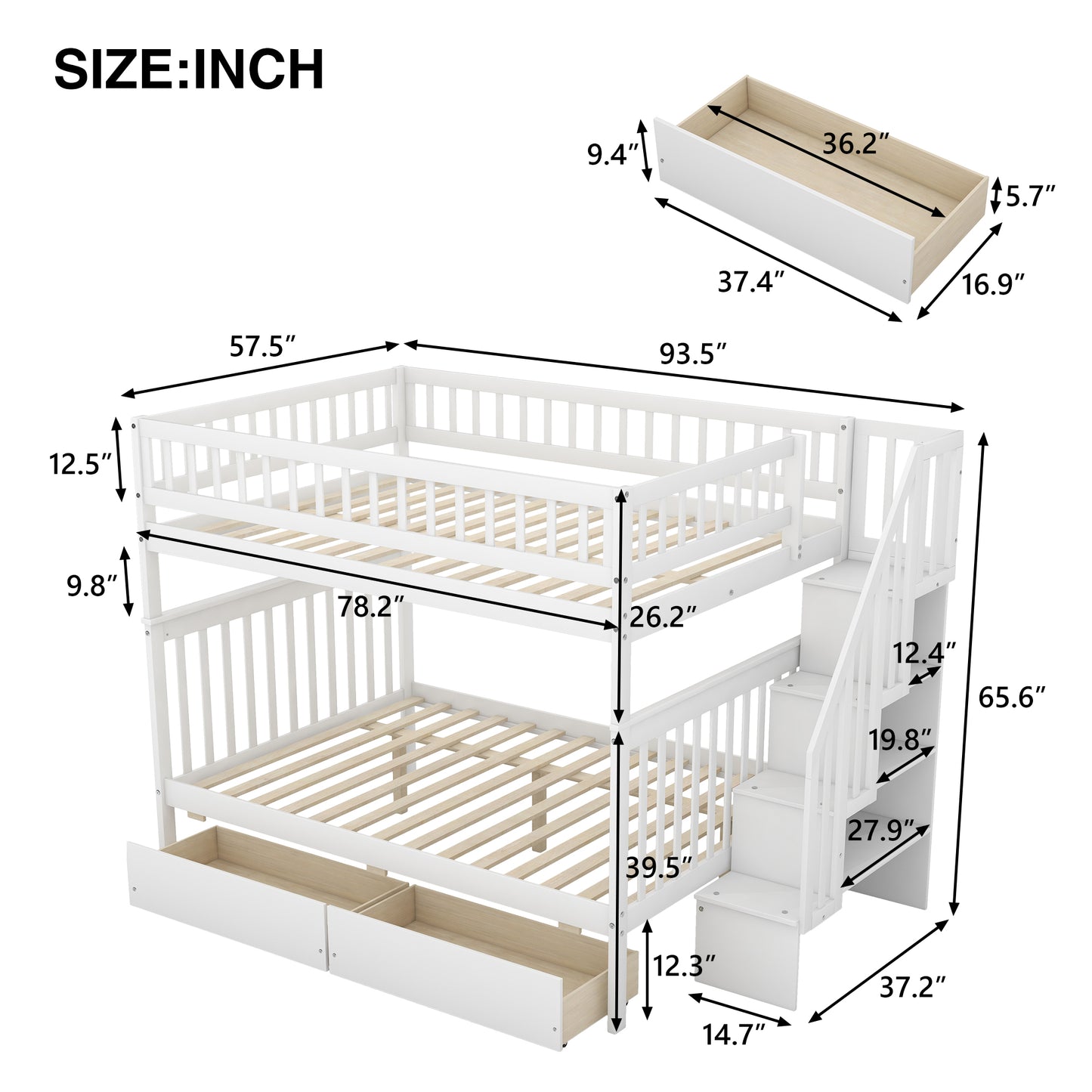 White wooden bunk bed with drawers and stairs