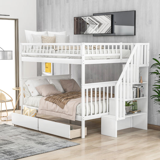 White wooden triple bunk bed with integrated stairs and storage drawers