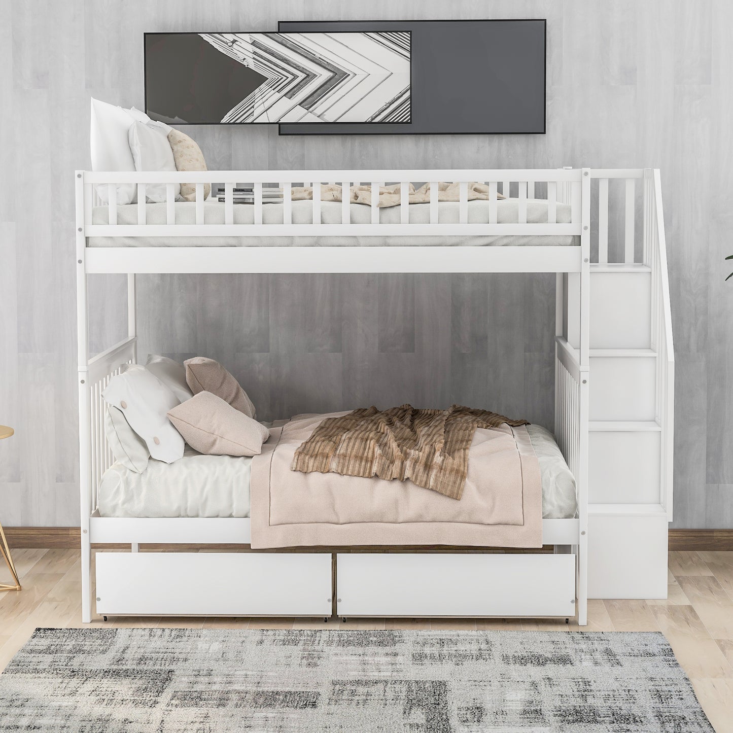 White wooden bunk bed with stairs and drawers