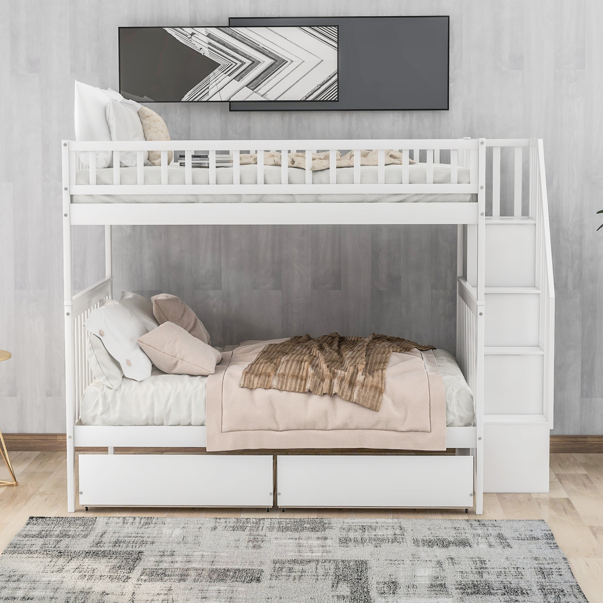 White wooden bunk bed with stairs and drawers
