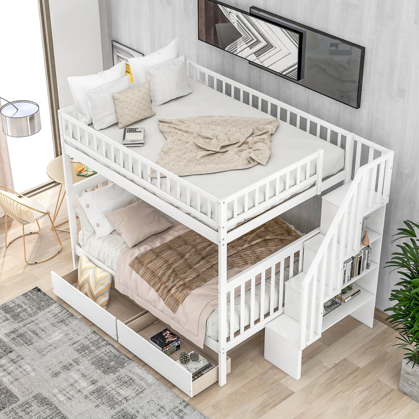 White wooden triple bunk bed with stairs and storage drawers