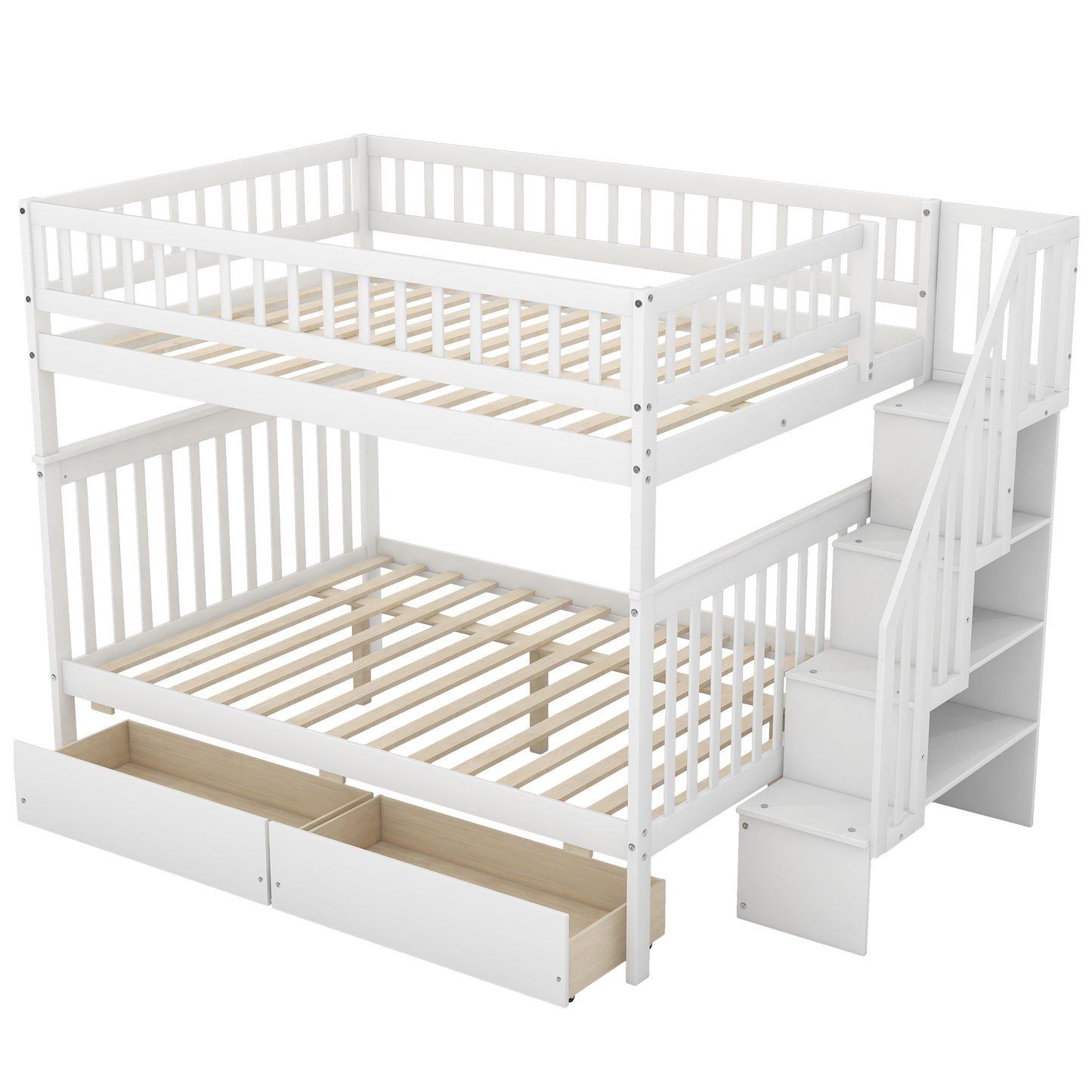 White wooden bunk bed with storage stairs and drawers for kids room